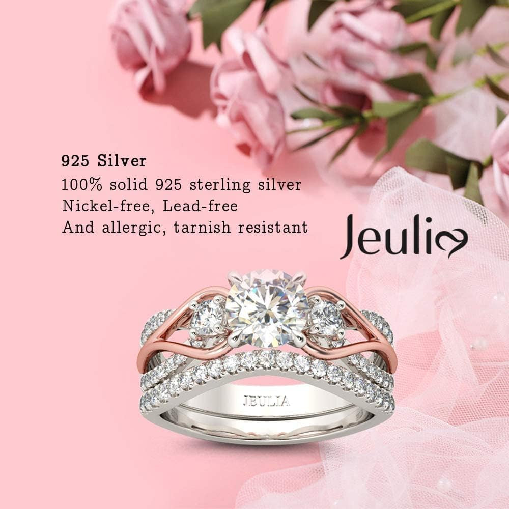 Two-Tone Rose Gold & Sterling Silver Engagement Ring Set – Round Cut Three-Stone Halo Bridal, Promise & Anniversary Rings for Women with Gift Box
