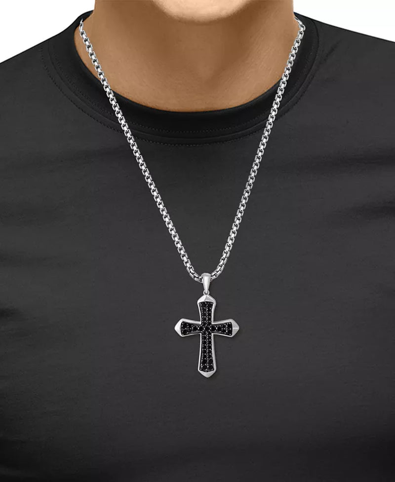 EFFY® Men’s Black Spinel Cross Pendant Necklace – 22" Sterling Silver Chain