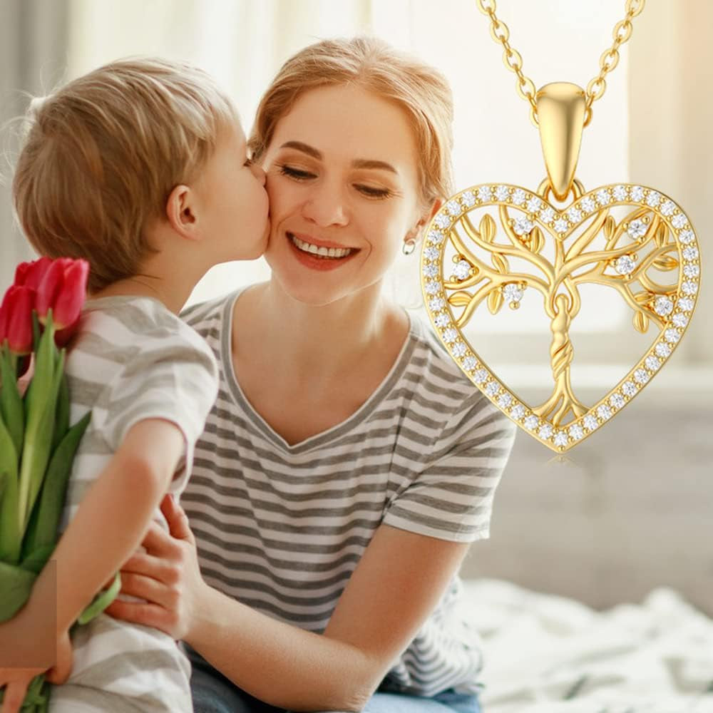 14K Gold Mother & Daughter/Son Tree of Life Necklace – Family Pendant, 16"-18"