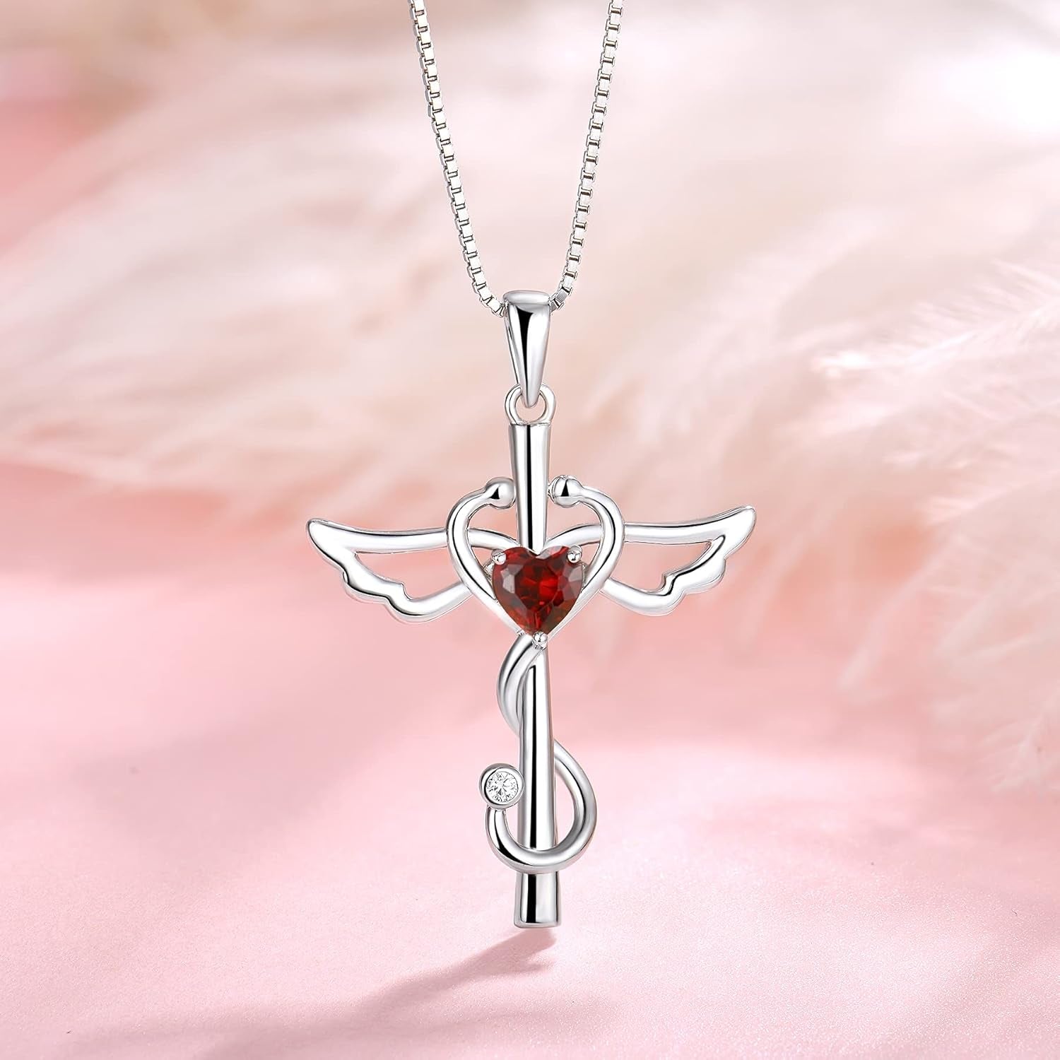 Stethoscope Cross Pendant Necklace 925 Sterling Silver Angel Wings Heart Nurse Jewelry for Women