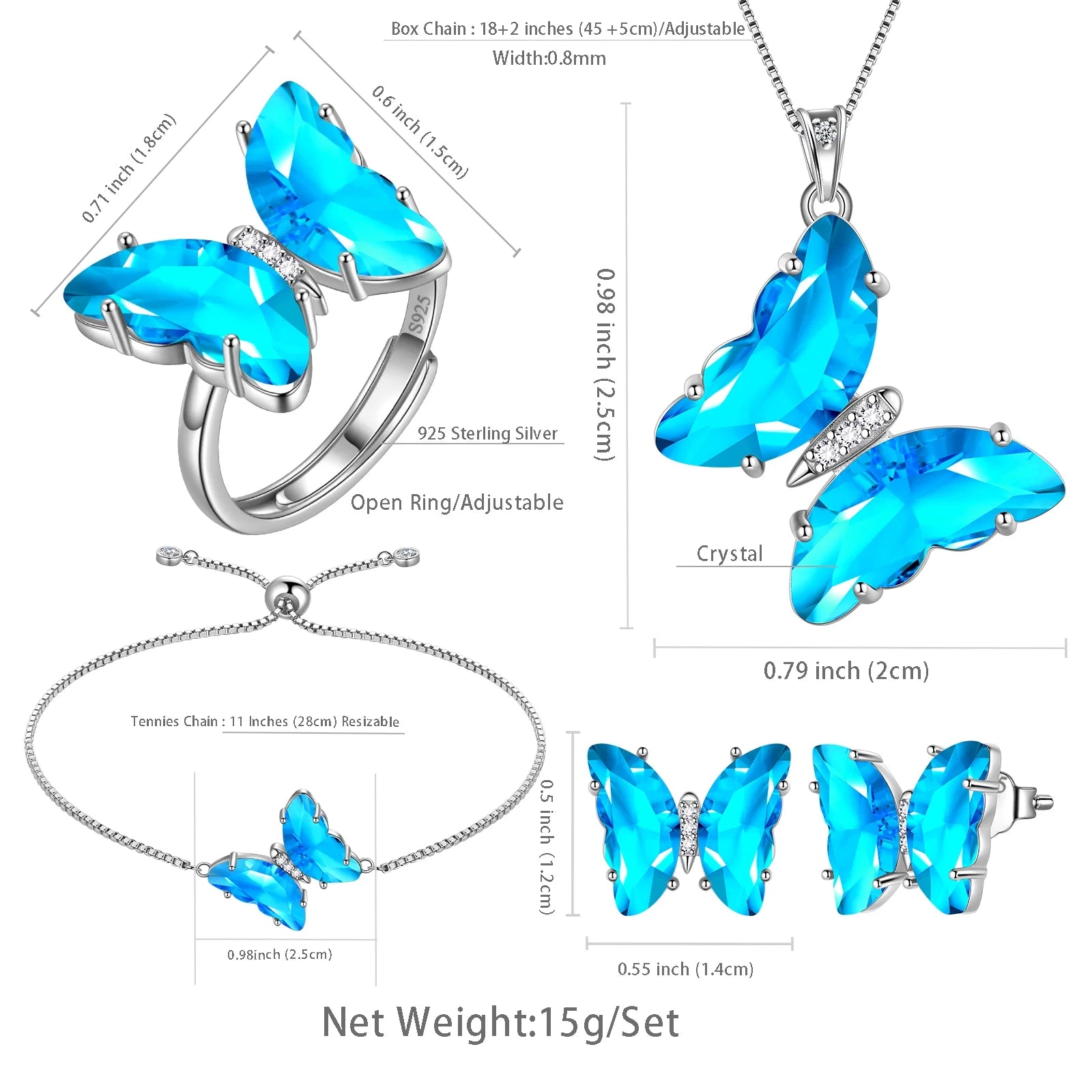 Blue Butterfly Jewelry Set – 5PCS Necklace, Earrings, Bracelet, Ring for Women Product Description