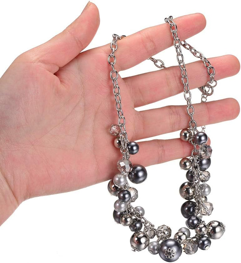 Chunky Beaded Statement Necklace for Women – Boho Silver Pendant Collar Necklace