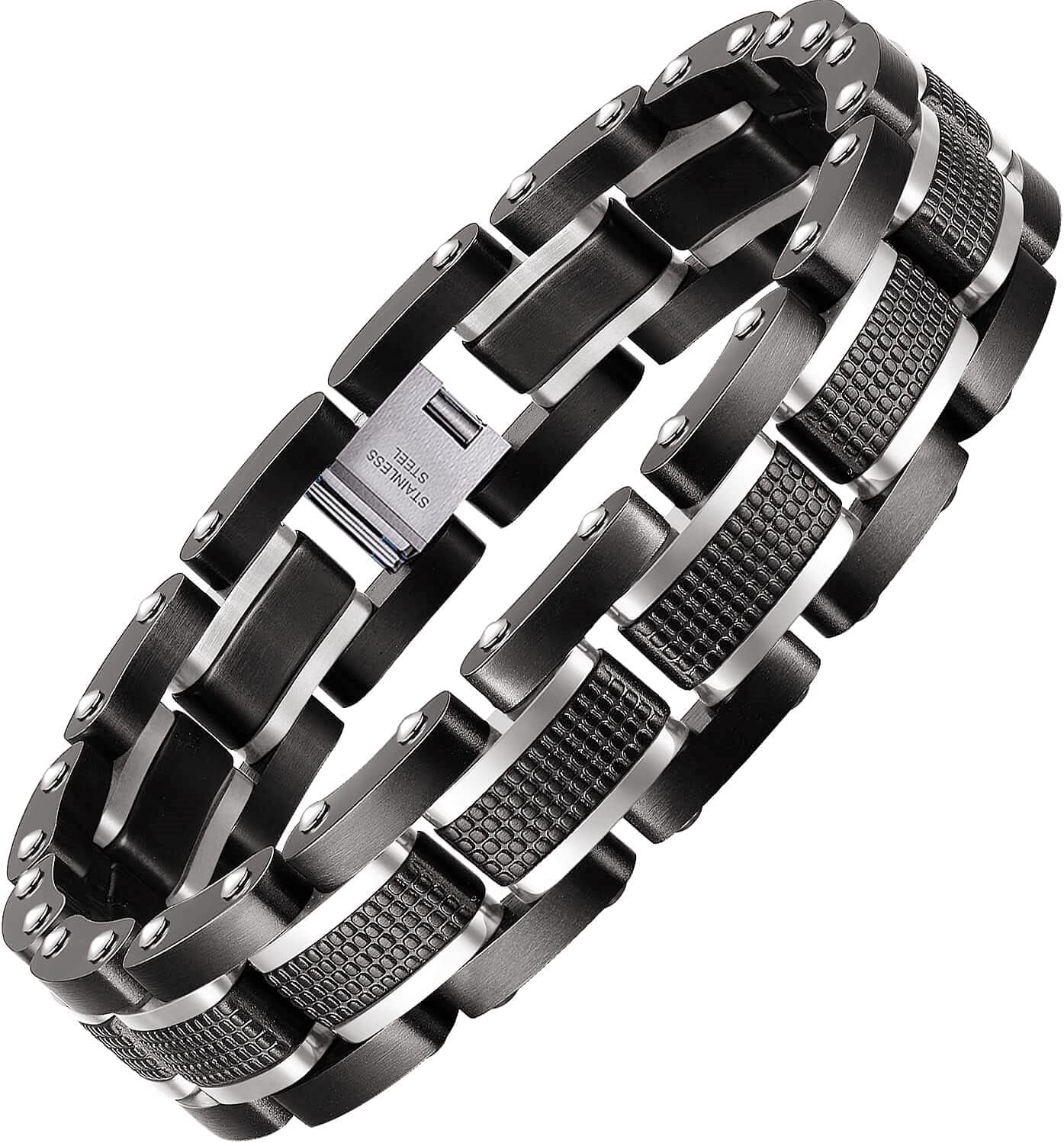 Men’s Stainless Steel Two-Tone Square Link Bracelet – Black and Blue Ion Plated