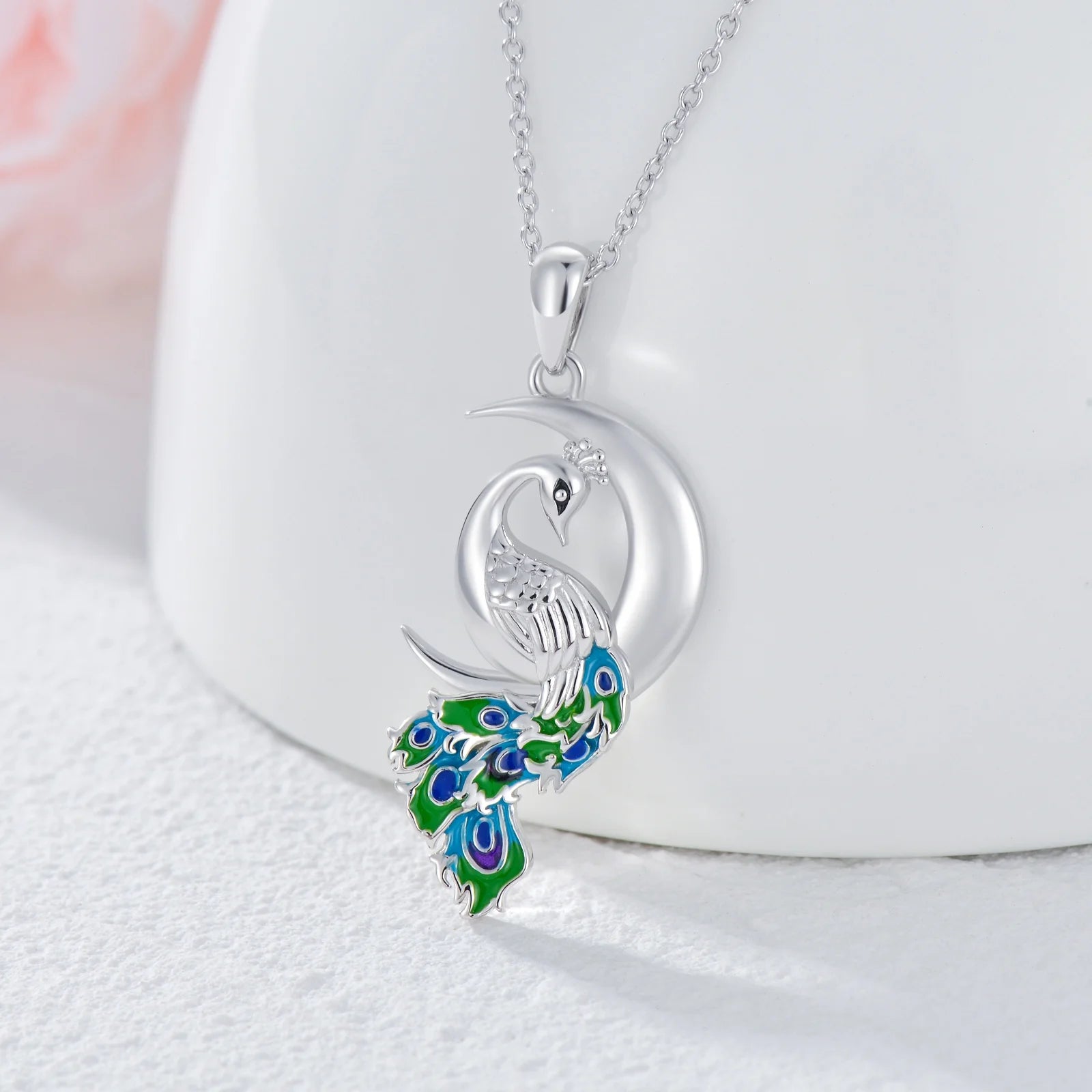 Peacock Moon Crystal Necklace – 925 Sterling Silver Crescent Pendant Jewelry for Women