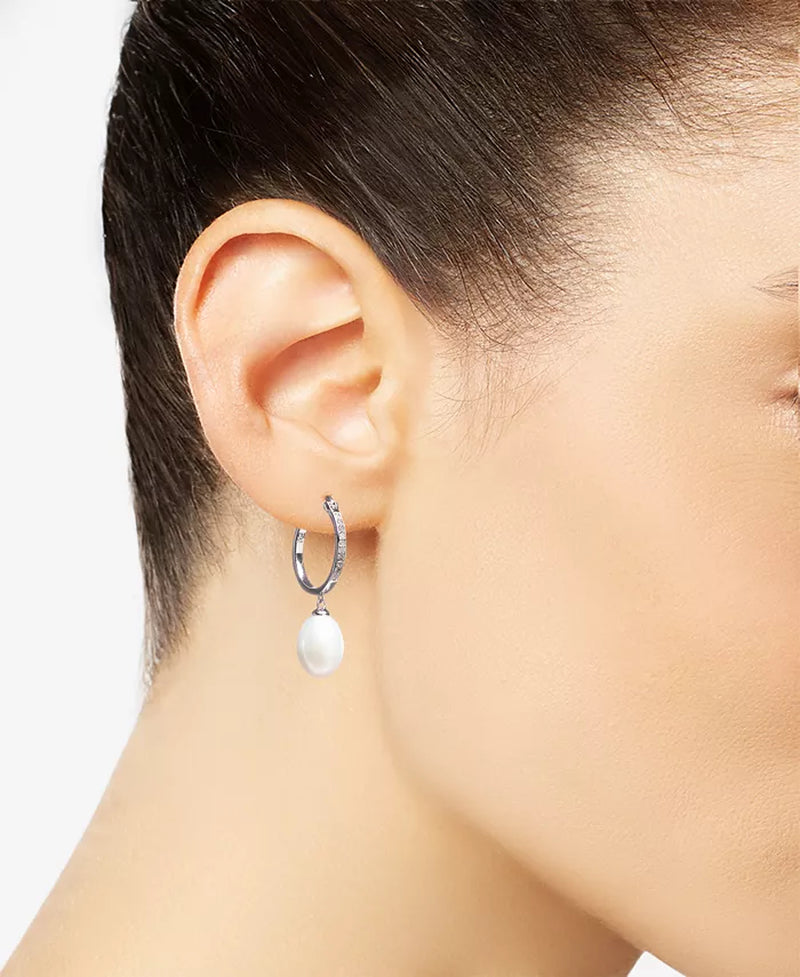 Cultured Freshwater Pearl & Diamond Hoop Drop Earrings – 1/10 Ct. T.W., Sterling Silver, 7 x 9mm