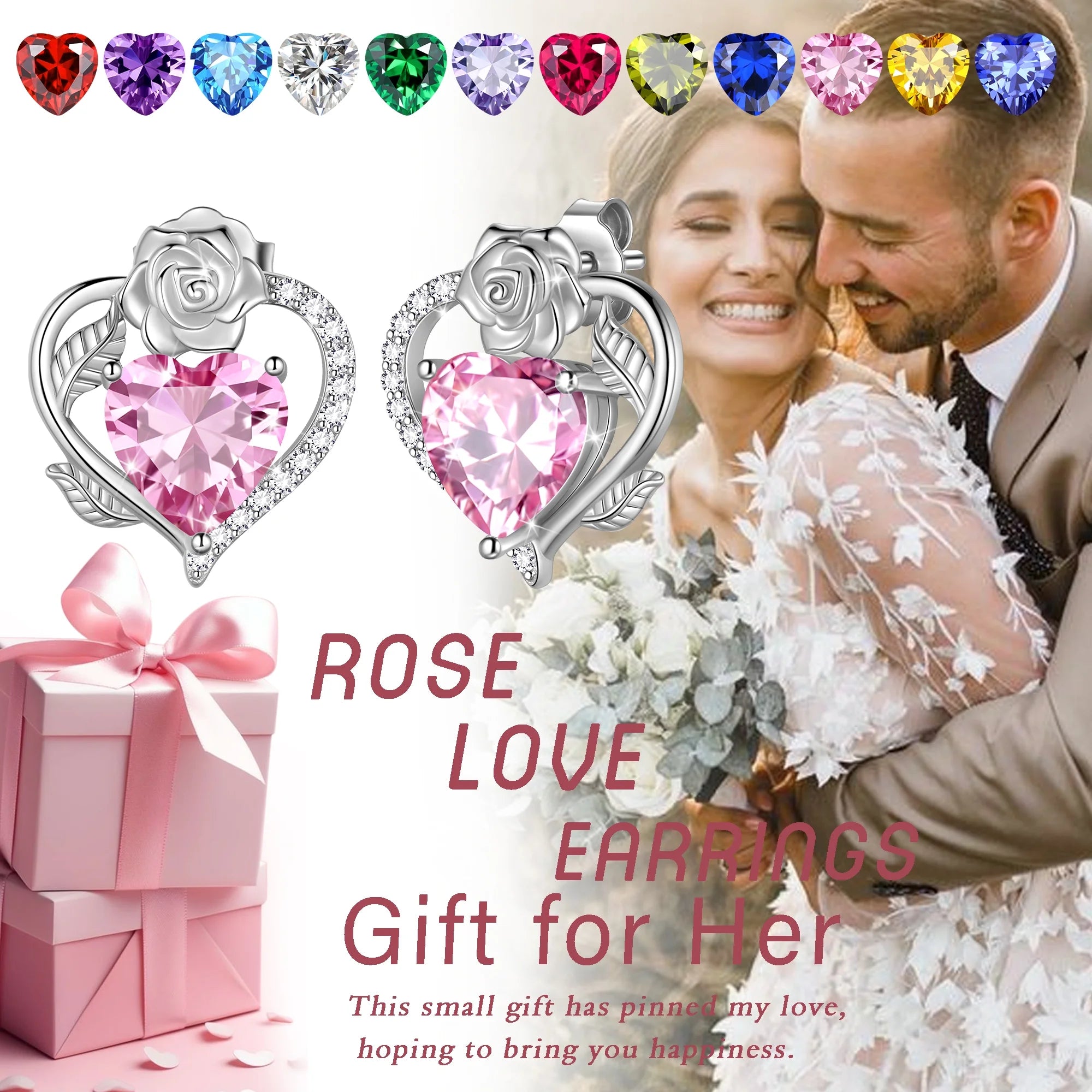 Rose Heart Birthstone Earrings – July Birthstone Studs with Rose Flower Design in 925 Sterling Silver | Elegant Jewelry Gift for Women