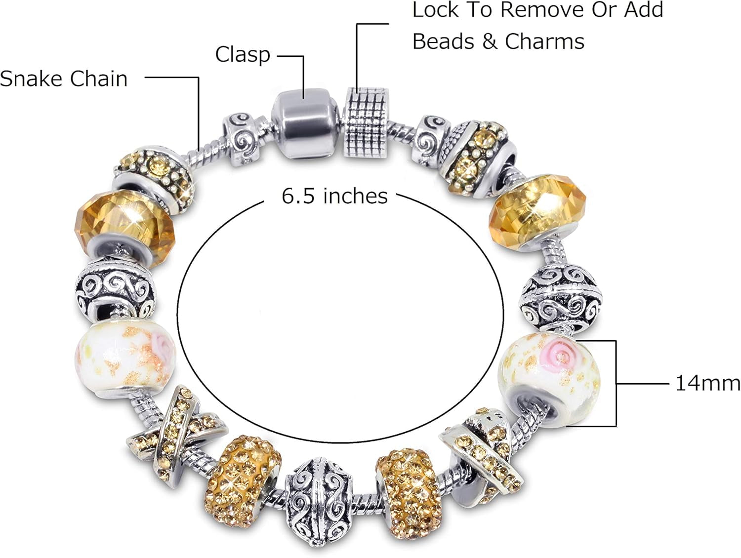 Silver Tone Charm Bracelet with Crystal & Murano Glass Beads – Elegant Snake Chain Bracelet for Women | Gift Box Included