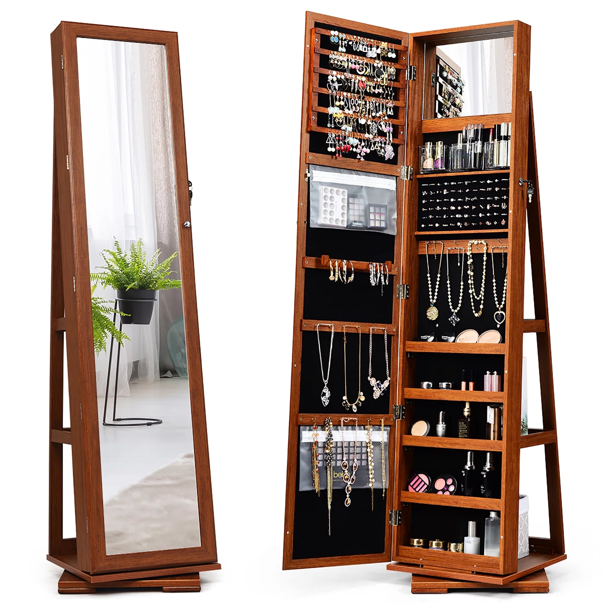 360Degree Rotatable Jewelry Cabinet 2-In-1 Lockable Mirrored Organizer Brown