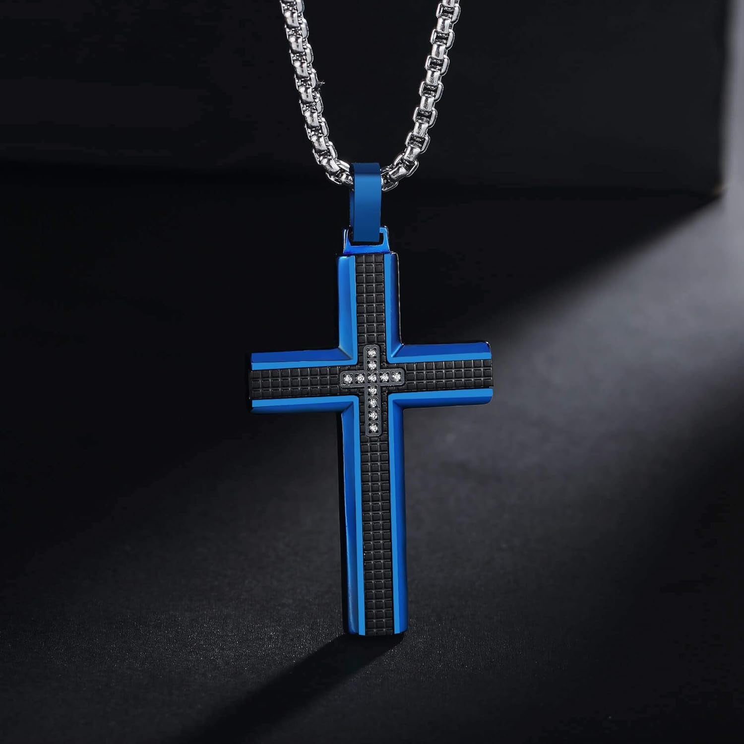 Men’s Stainless Steel Cross Necklace – Two-Tone Black & Blue Carbon Fiber Pendant with Gift Box | Modern Faith Jewelry
