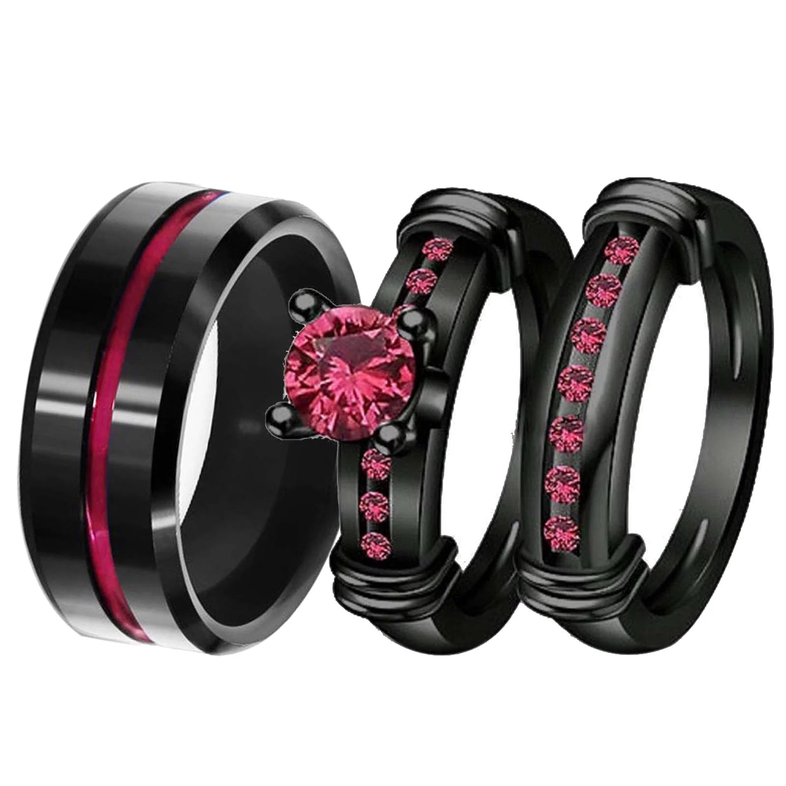 Matching Couple Rings Black Gold Plated 1CT Red CZ Wedding Ring Set – Titanium Men’s Band & Women’s Ring