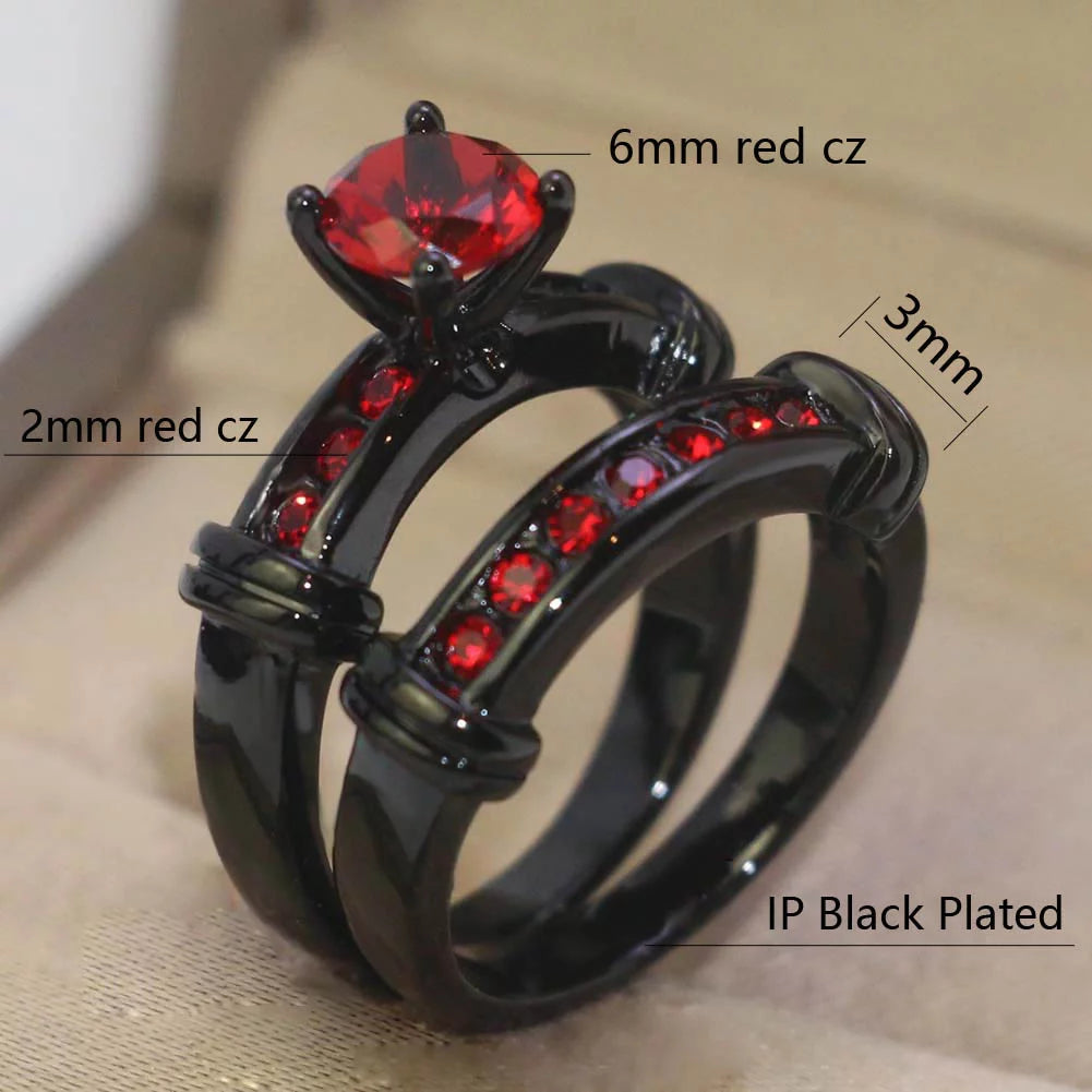 Matching Couple Rings Black Gold Plated 1CT Red CZ Wedding Ring Set – Titanium Men’s Band & Women’s Ring