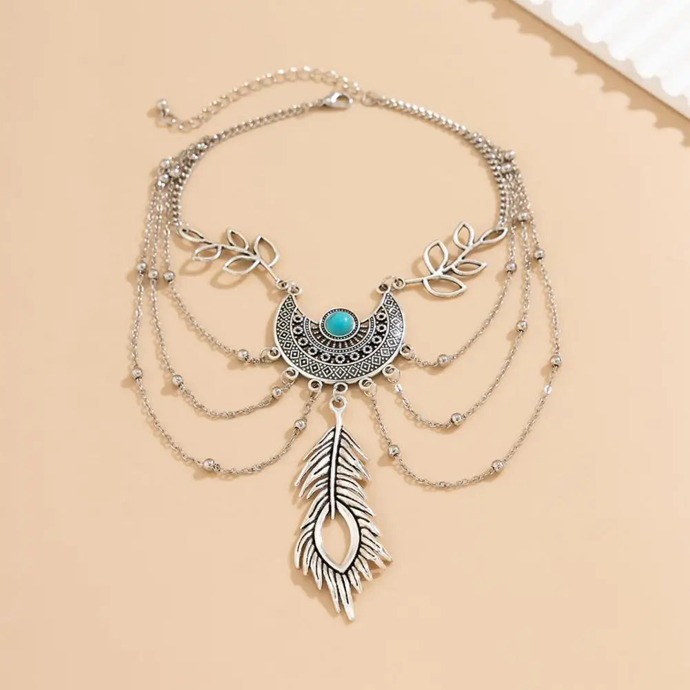 Women’s Arm Chain Feather Shape Bohemian Retro Leaf Tassel Faux Turquoise Arm Bracelet – Beach Party & Wedding Jewelry Accessory
