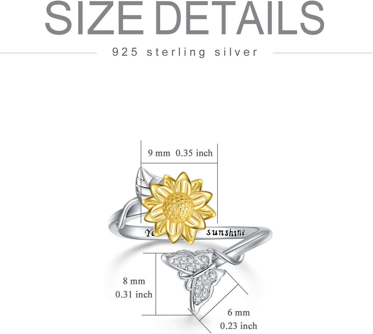 🌻 Christmas Gifts for Women – 925 Sterling Silver Sunflower/Rose/Initial G Butterfly Rings | “You Are My Sunshine” Adjustable Jewelry Gift