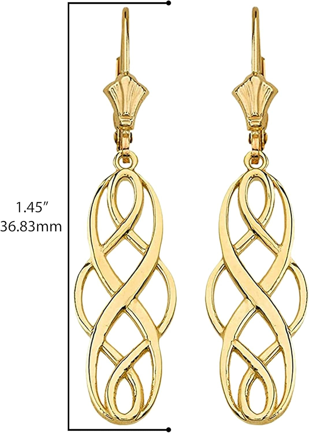 14K or 10K Yellow Gold Celtic Interlace Knot Leverback Earrings – 3/4” Choice of Metal