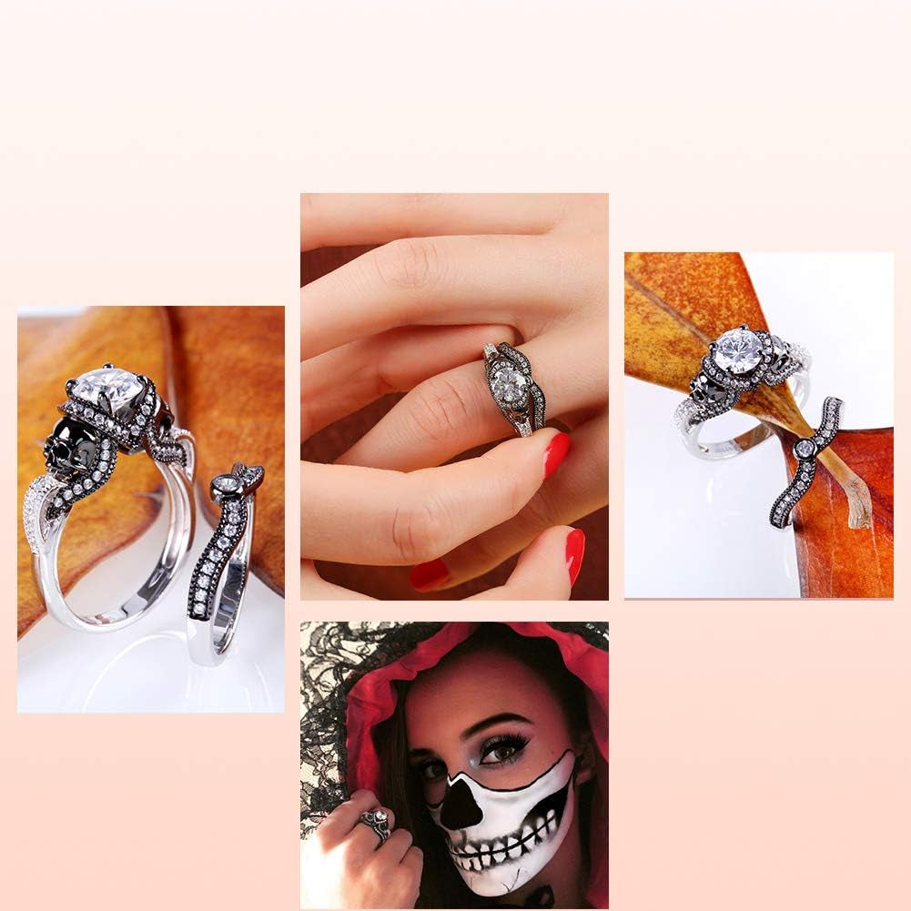 3.68 Carat Skull Bridal Ring Set for Women – Two-Tone Sterling Silver Twist Band with White Diamond CZ, Black Plated Engagement & Promise Ring with Gift Box