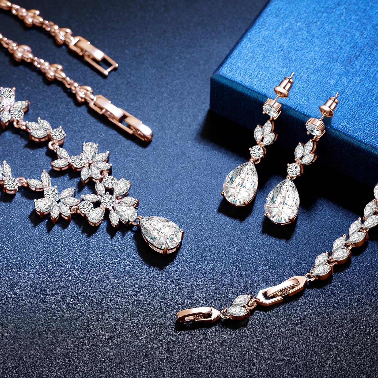 Wedding Jewelry Set – Silver Necklace, Earrings & Bracelet with Clear Cubic Zirconia for Bride & Bridesmaids