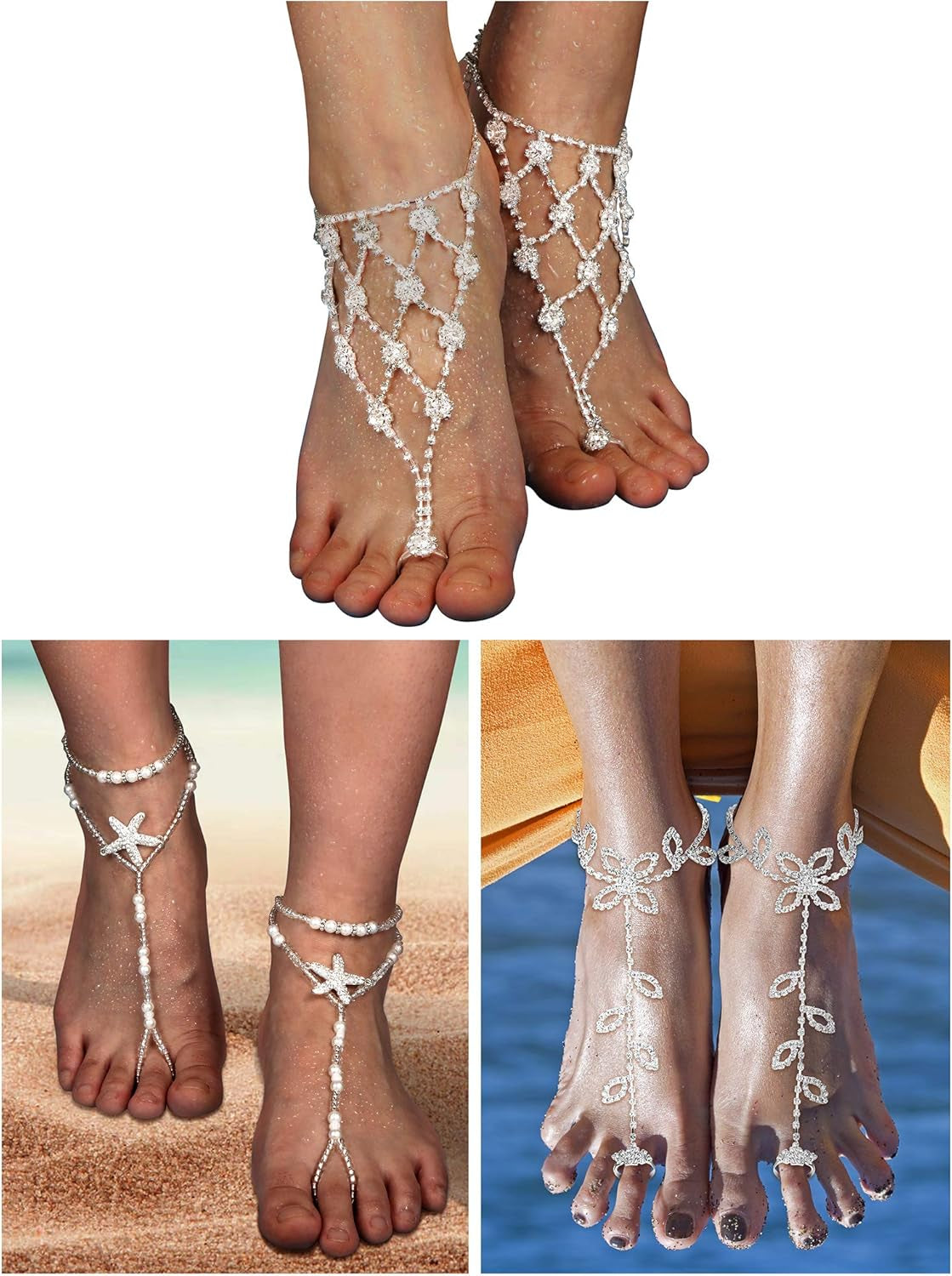 6 Pcs Women’s Barefoot Sandals Foot Jewelry Rhinestone Anklets Bohemian Foot Chain Set for Beach, Wedding & Valentine’s Day