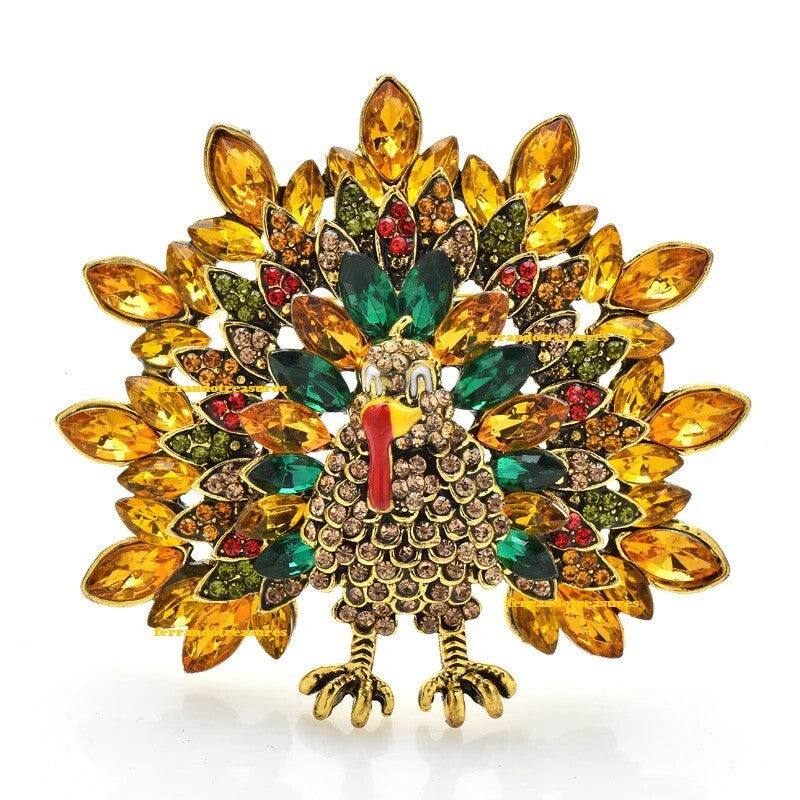 Turkey Thanksgiving Day Fall Crystal Rhinestone Brooch Pin with Velvet Bag
