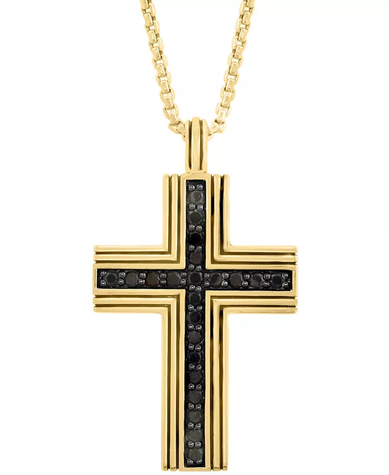 EFFY® Men’s Black Spinel Square Cross Pendant Necklace – 3/4 Ct. T.W., Gold-Plated Sterling Silver, 22"