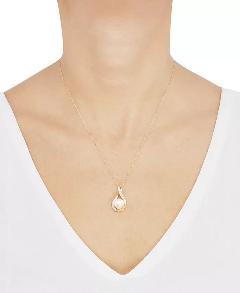 Cultured Freshwater Pearl (9mm) and Diamond Accent Pendant Necklace in 14K Gold – 18"
