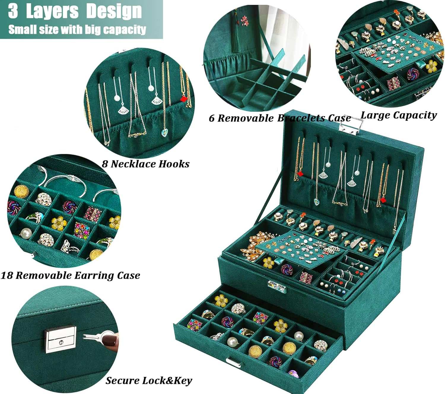 Green Velvet Jewelry Box for Women – Lockable Organizer for Necklaces, Earrings, Rings & Bracelets – Elegant Teen Jewelry Storage Case
