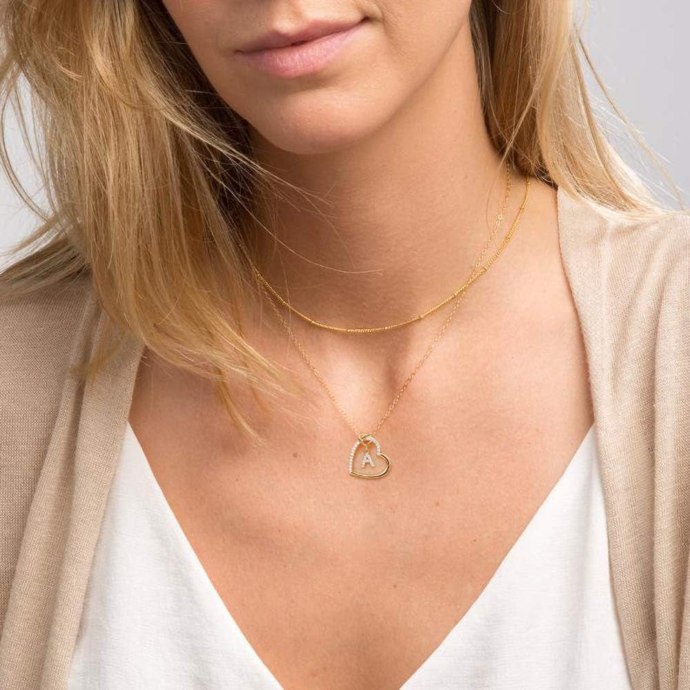 14K Gold Plated Heart Initial Necklace – Dainty Cubic Zirconia Pendant for Girls, Teens & Women (A–Z)