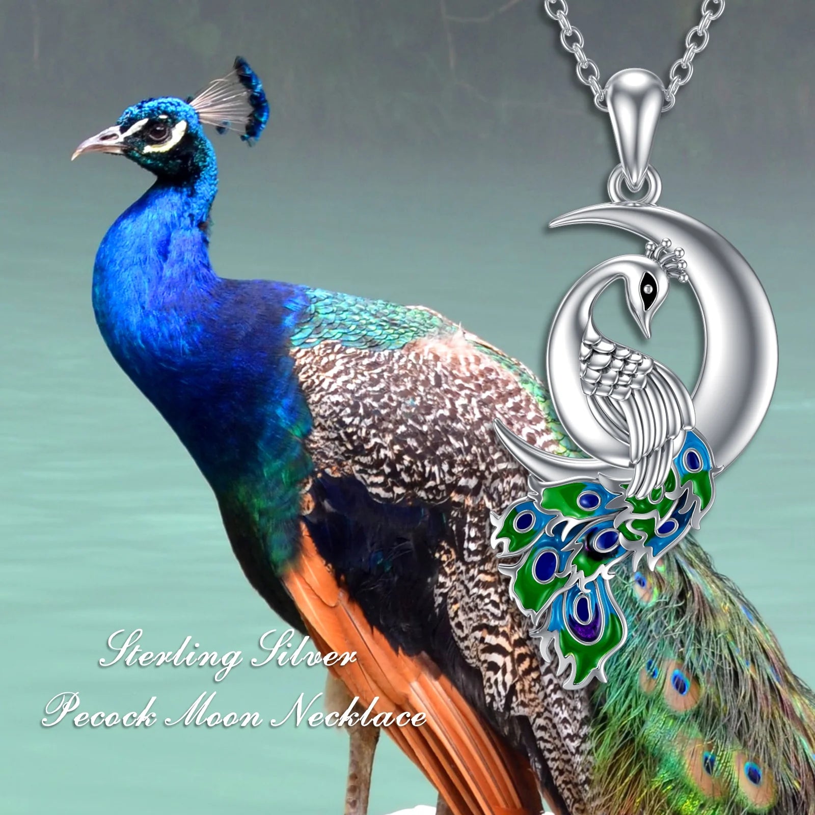 Peacock Moon Crystal Necklace – 925 Sterling Silver Crescent Pendant Jewelry for Women