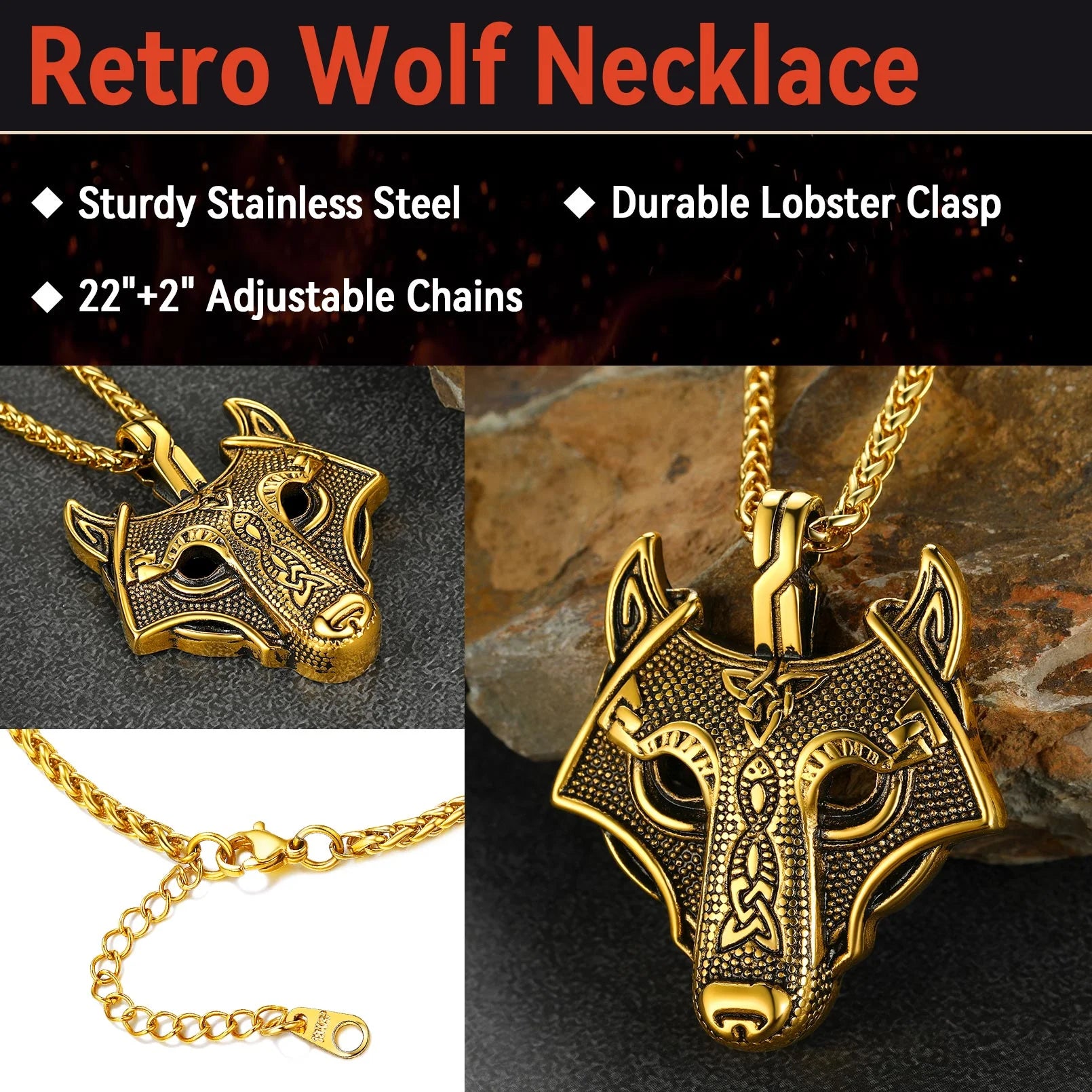 🐺 Viking Wolf Head Necklace for Men – Gold Plated Norse Celtic Amulet Pendant Norse Mythology Wolf Jewelry | Strength & Courage Talisman | Birthday Gift for Men, Friends, Grandson