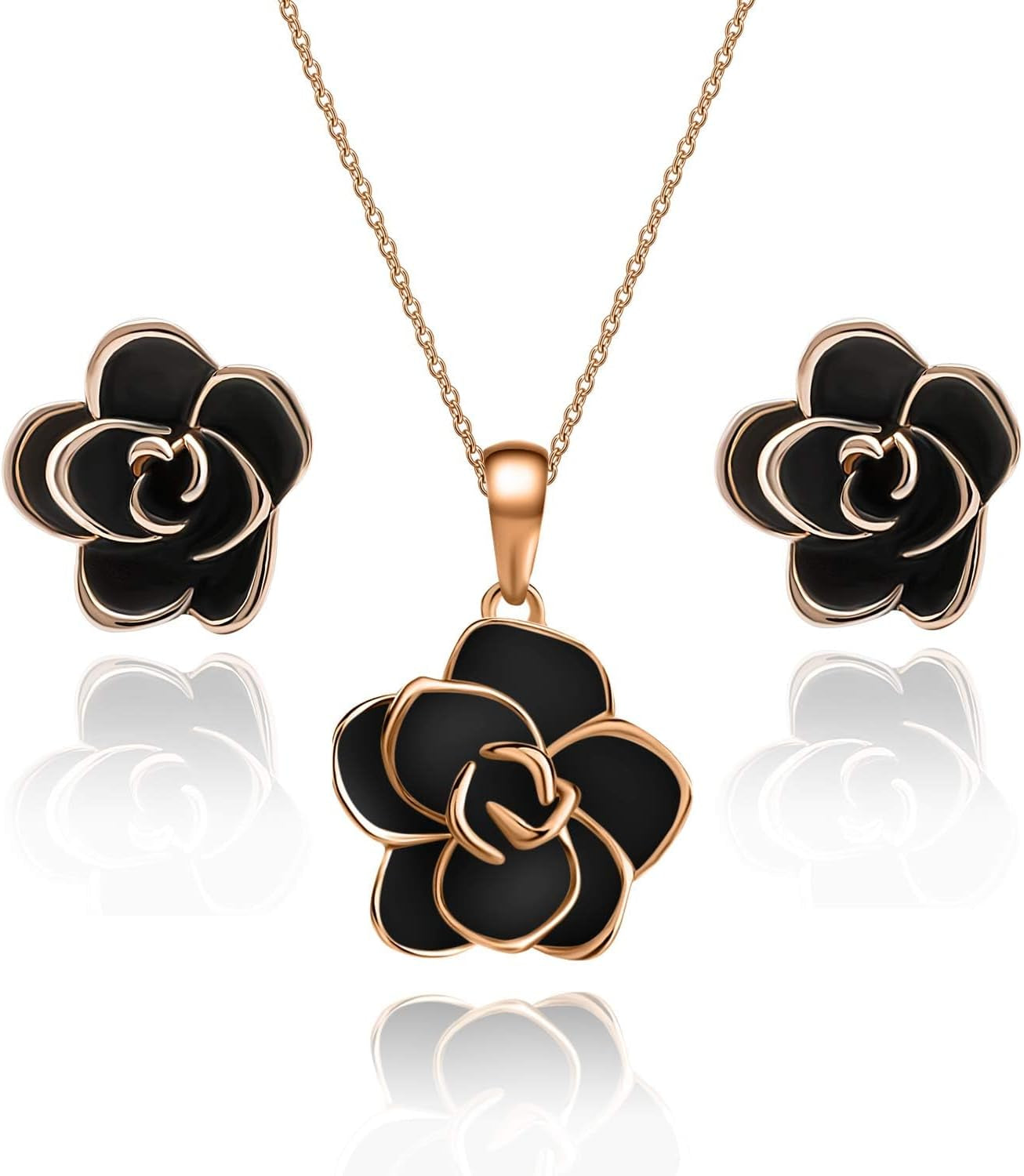 Rose Flower Necklace & Earrings Set for Women – 18K Gold Plated, Hypoallergenic Jewelry Set