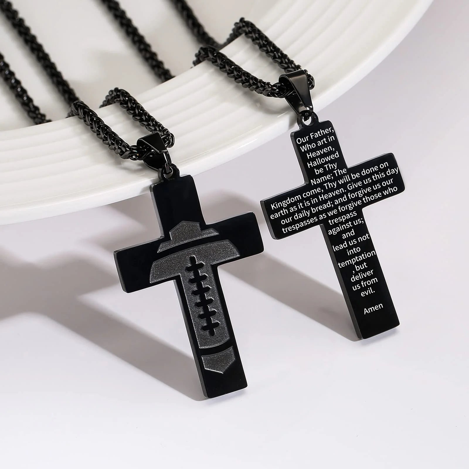 Football Cross Necklace for Men Stainless Steel Bible Verse Lord&