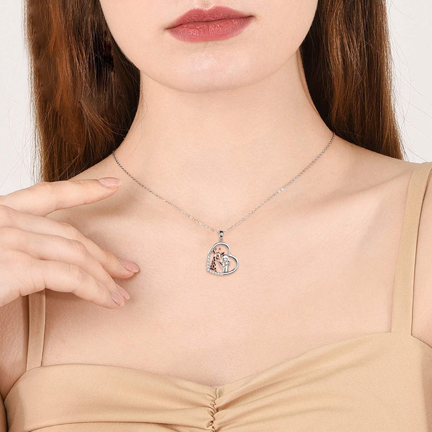 Giraffe & Girl Heart Pendant Necklace – 925 Sterling Silver