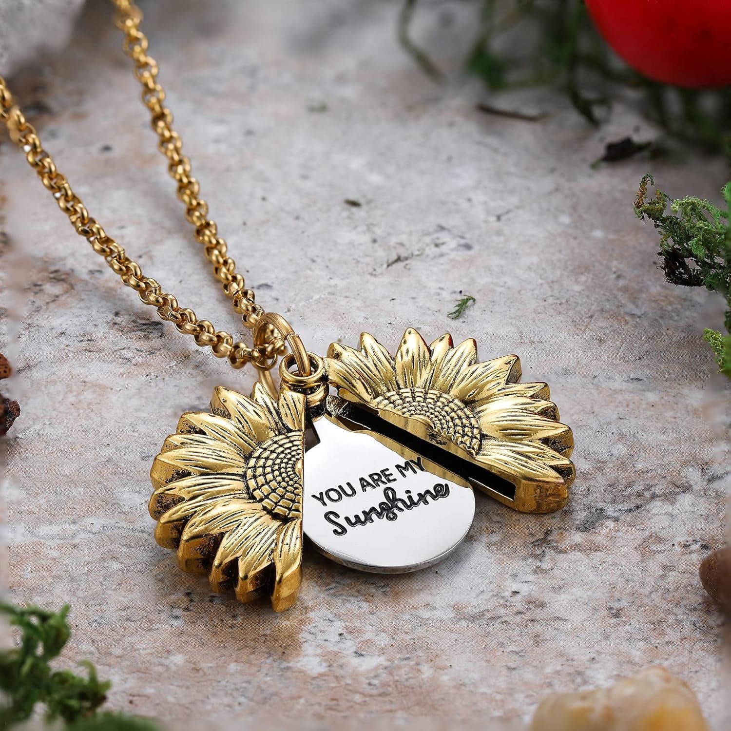 “You Are My Sunshine” Engraved Sunflower Locket Necklace – Inspirational Jewelry Gift for Women, Girlfriend, Mom, or Daughter