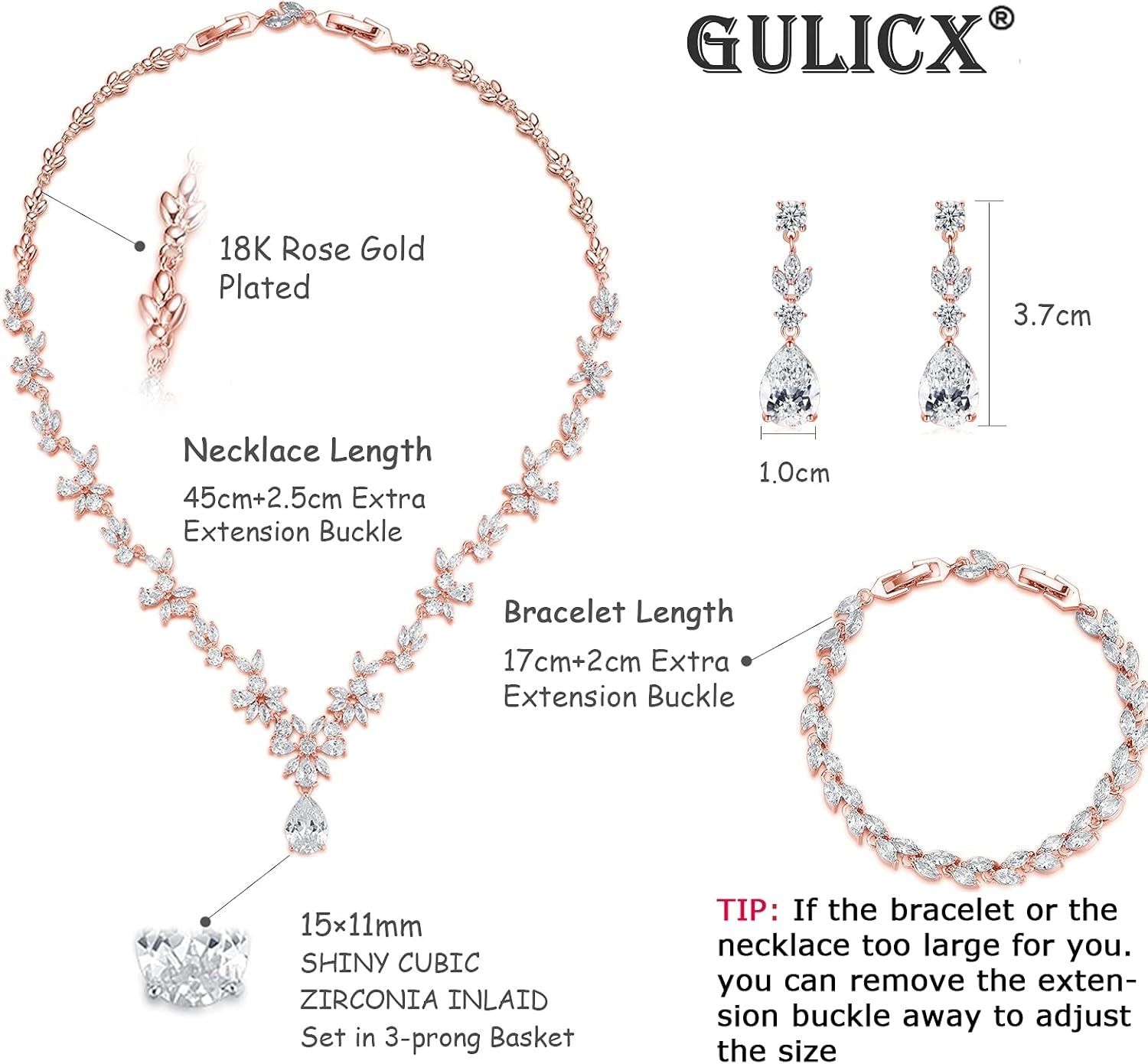 Wedding Jewelry Set – Silver Necklace, Earrings & Bracelet with Clear Cubic Zirconia for Bride & Bridesmaids