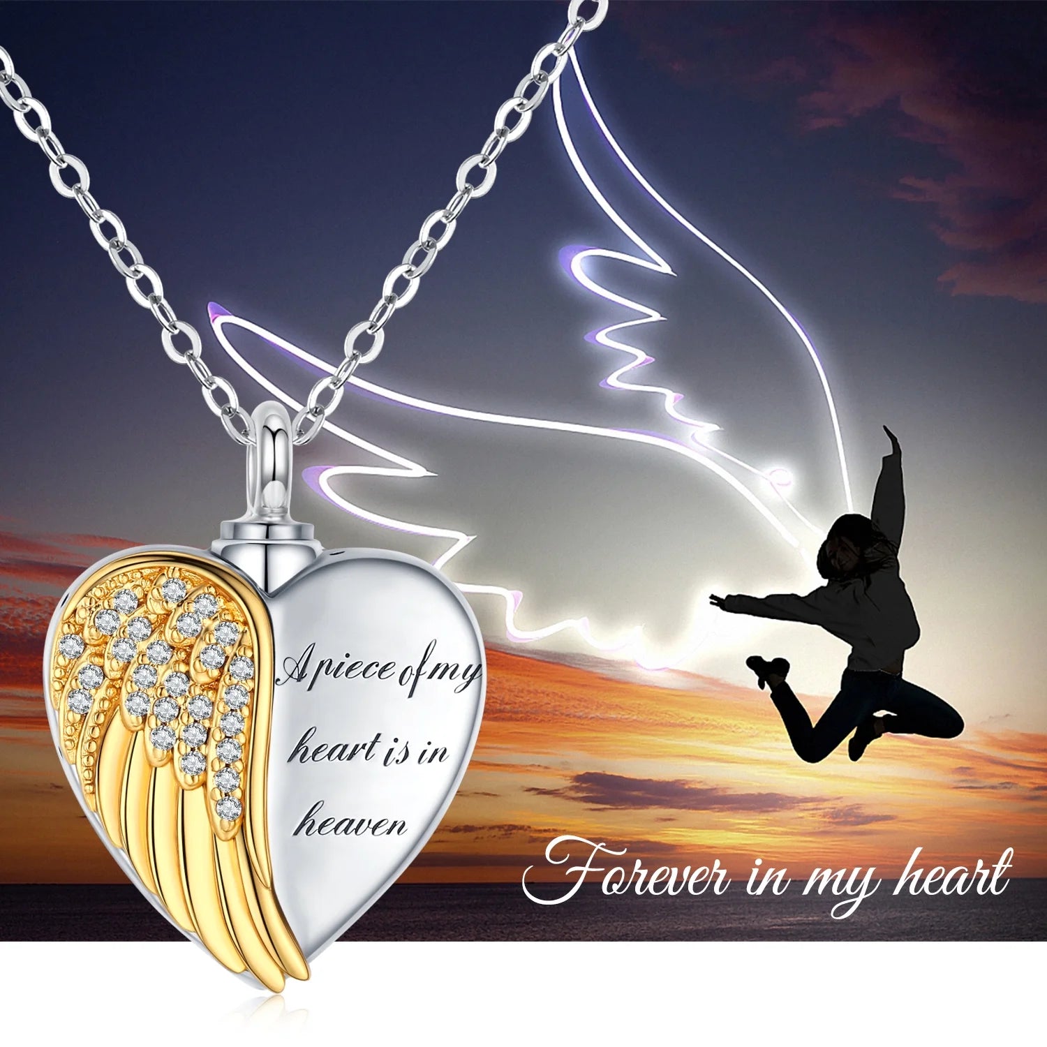 925 Sterling Silver Heart Angel Wing Urn Necklace for Ashes