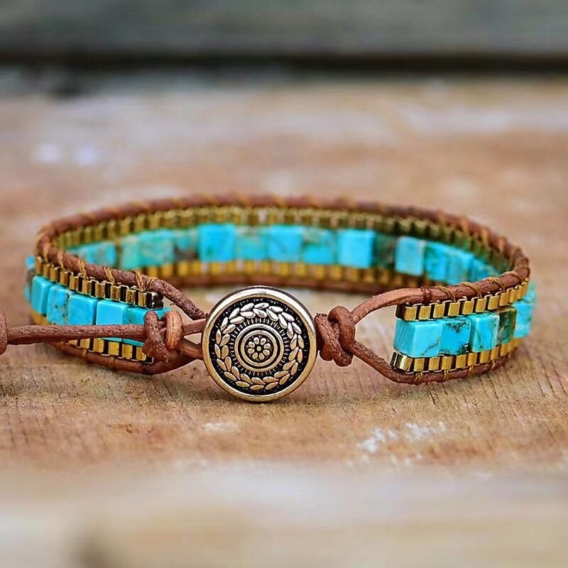 Natural Turquoise Stone Cube Beaded Bracelet Blue Gemstone Braided Bracelet
