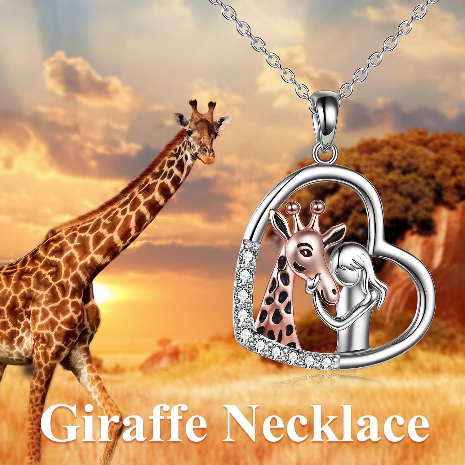 Giraffe & Girl Heart Pendant Necklace – 925 Sterling Silver