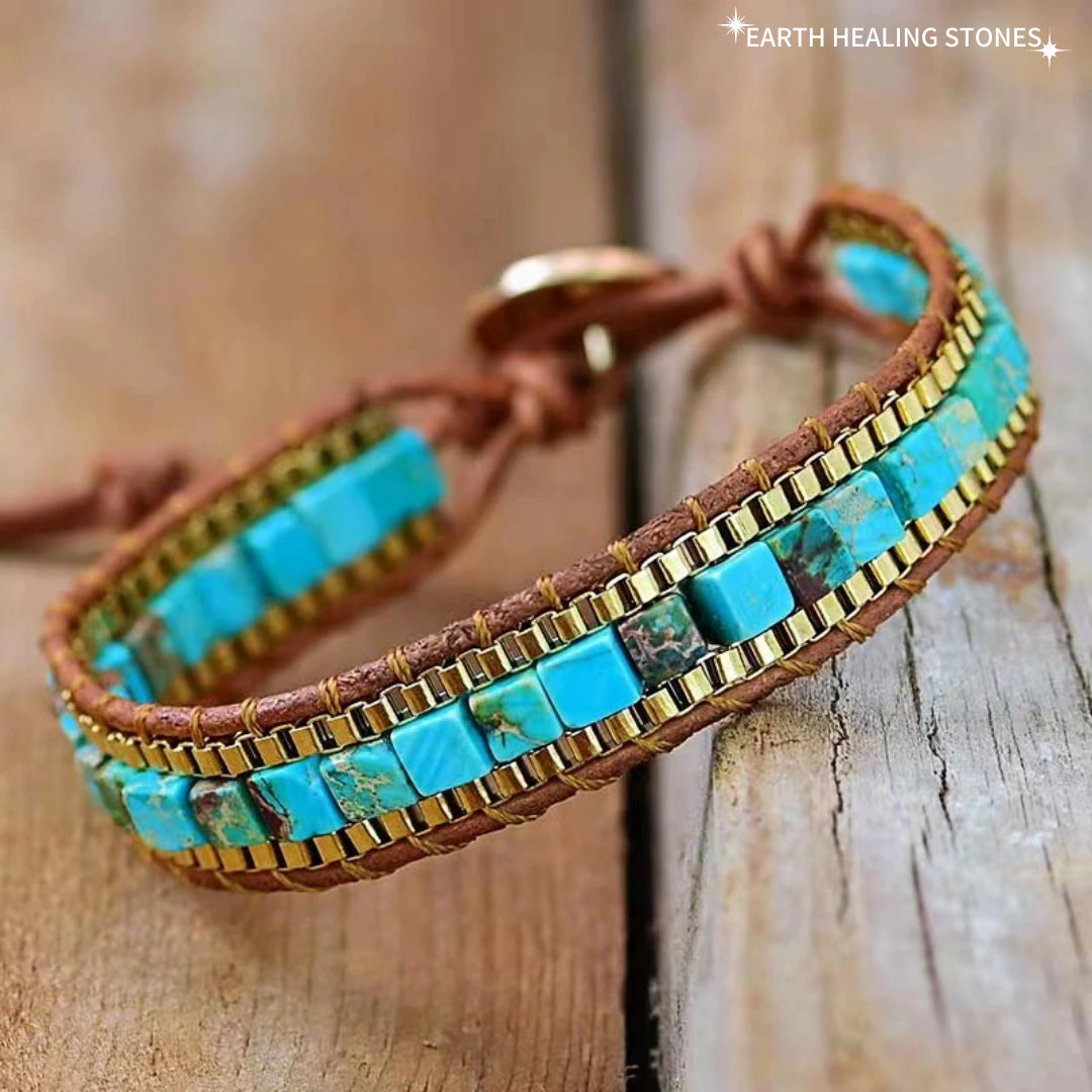 Natural Turquoise Stone Cube Beaded Bracelet Blue Gemstone Braided Bracelet