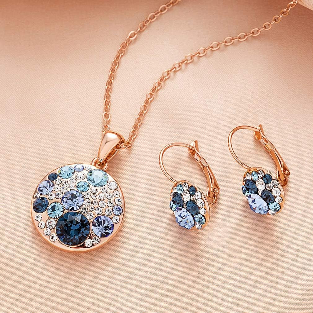 Austrian Crystal Round Disc Pendant Necklace & Earrings Set – 14K Gold Plated, Hypoallergenic Jewelry for Women