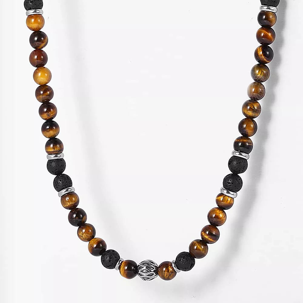 Men’s 8mm Natural Tiger Eye Lava Bead Necklace – Stainless Steel Toggle Clasp, 18/20/24"