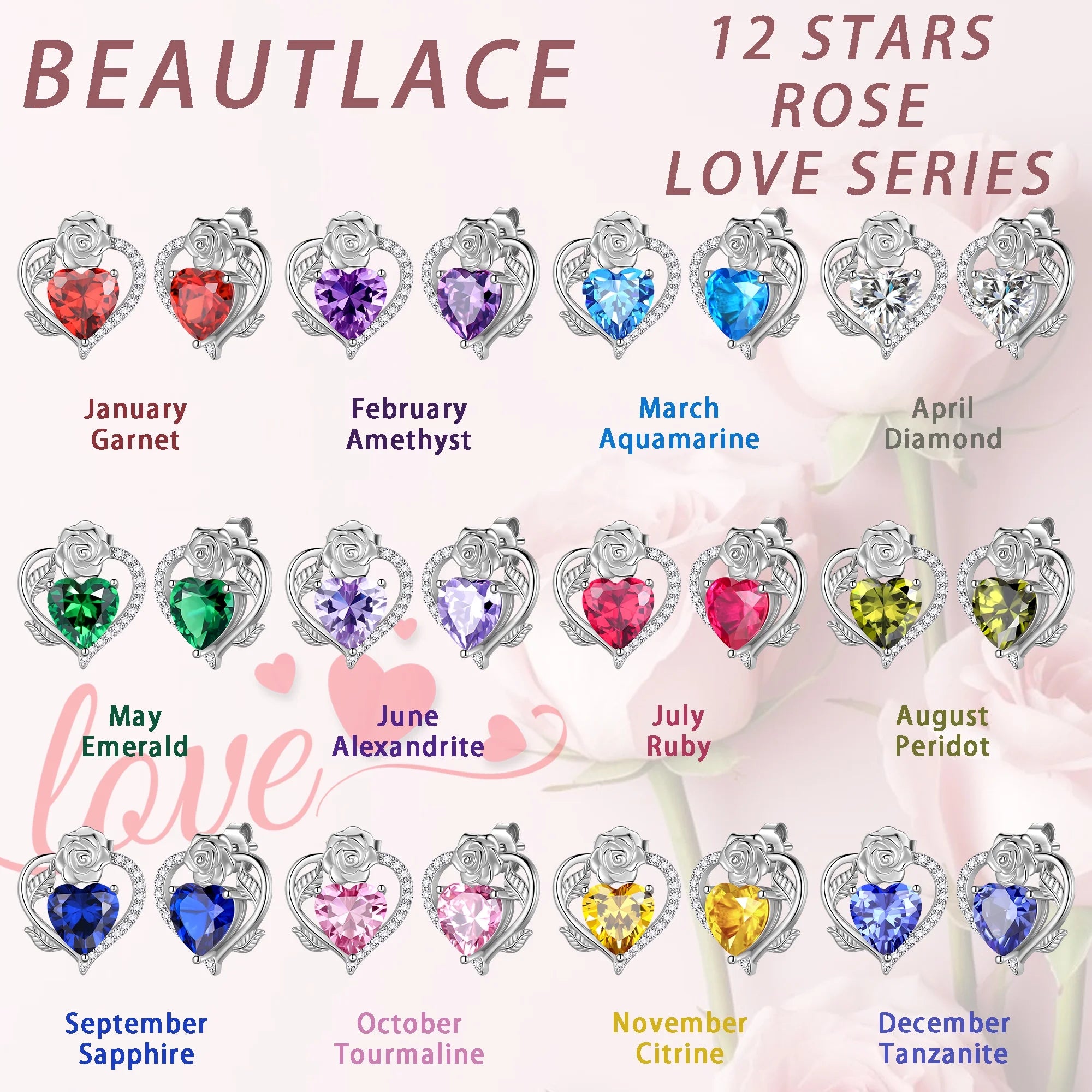 Rose Heart Birthstone Earrings – July Birthstone Studs with Rose Flower Design in 925 Sterling Silver | Elegant Jewelry Gift for Women