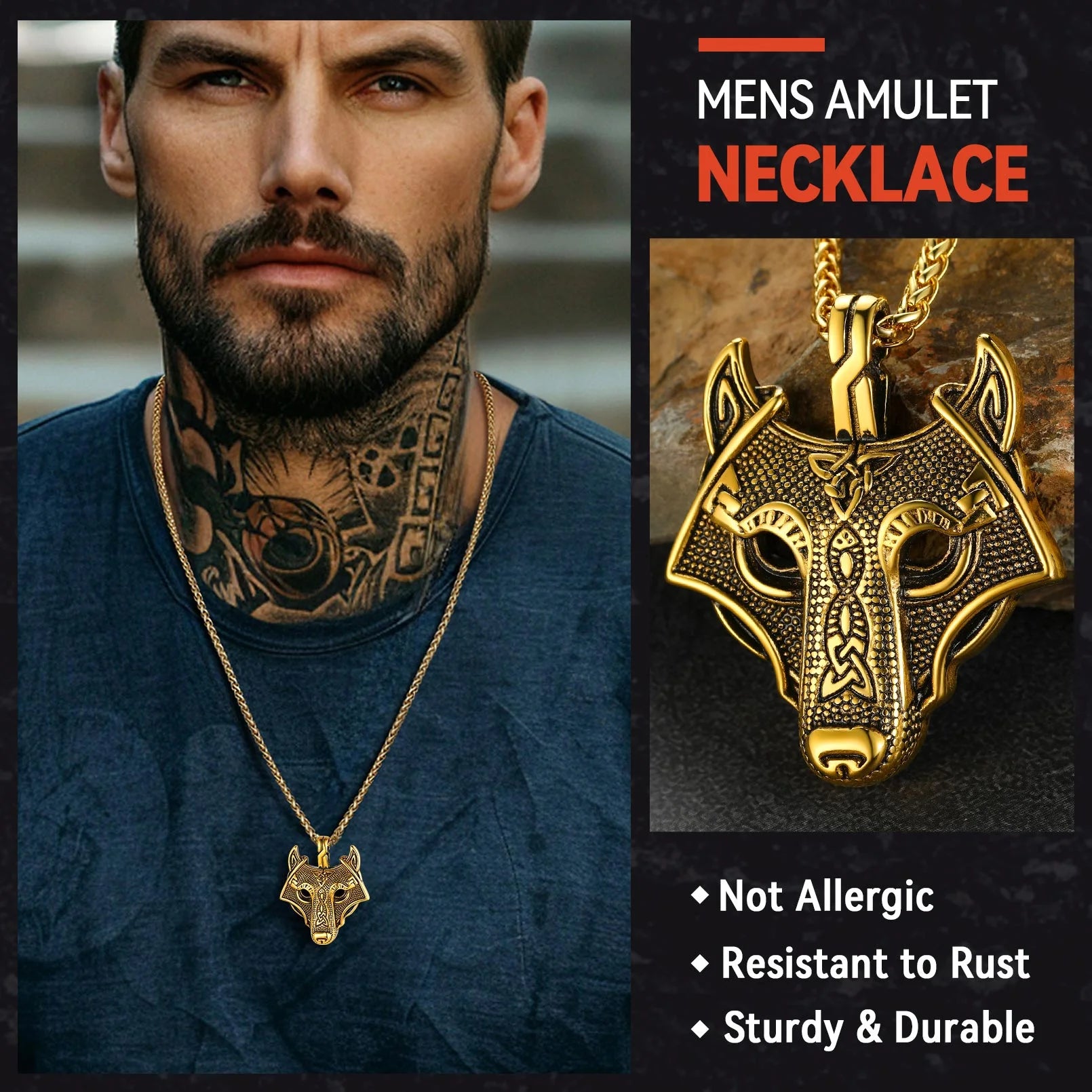 🐺 Viking Wolf Head Necklace for Men – Gold Plated Norse Celtic Amulet Pendant Norse Mythology Wolf Jewelry | Strength & Courage Talisman | Birthday Gift for Men, Friends, Grandson