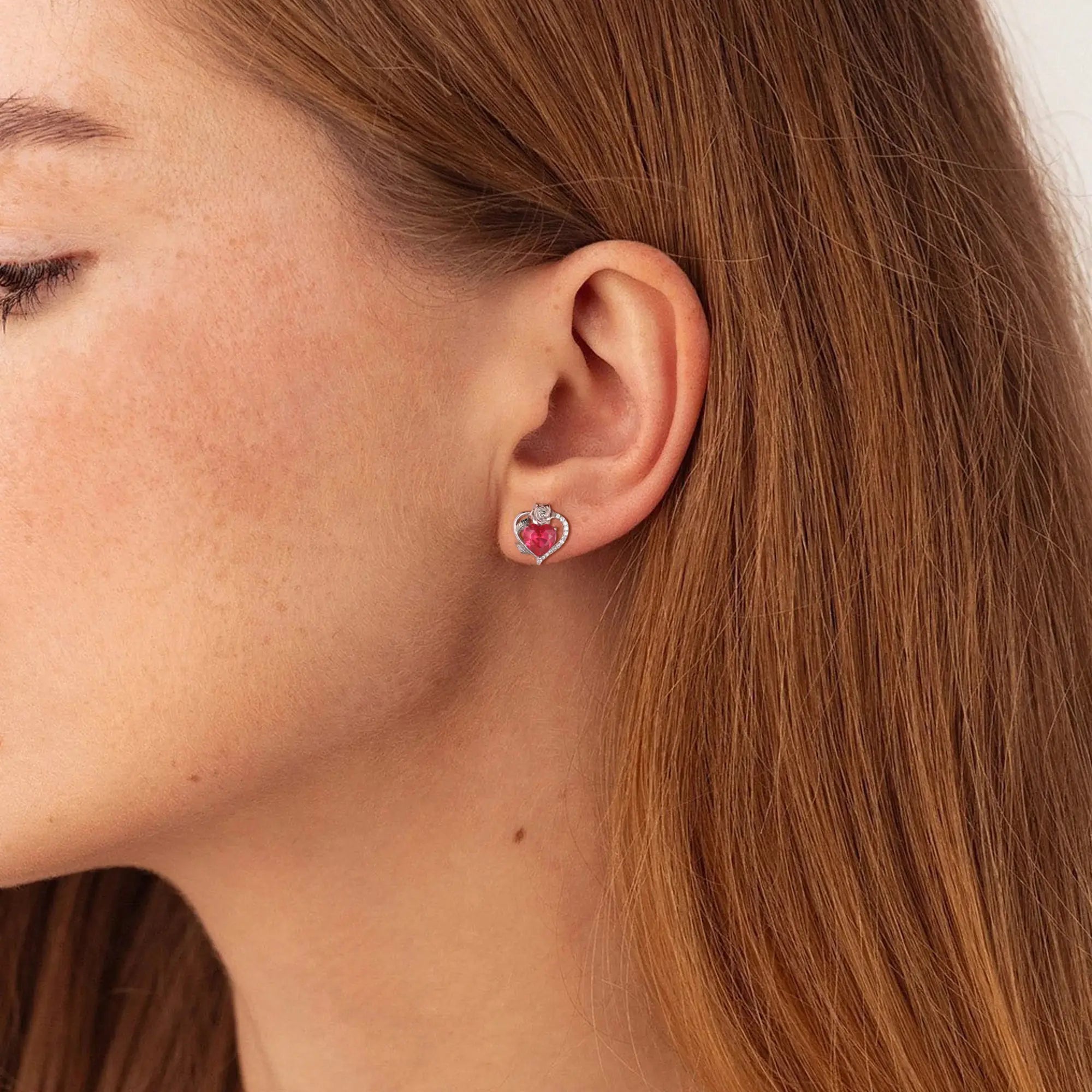 Rose Heart Birthstone Earrings – July Birthstone Studs with Rose Flower Design in 925 Sterling Silver | Elegant Jewelry Gift for Women