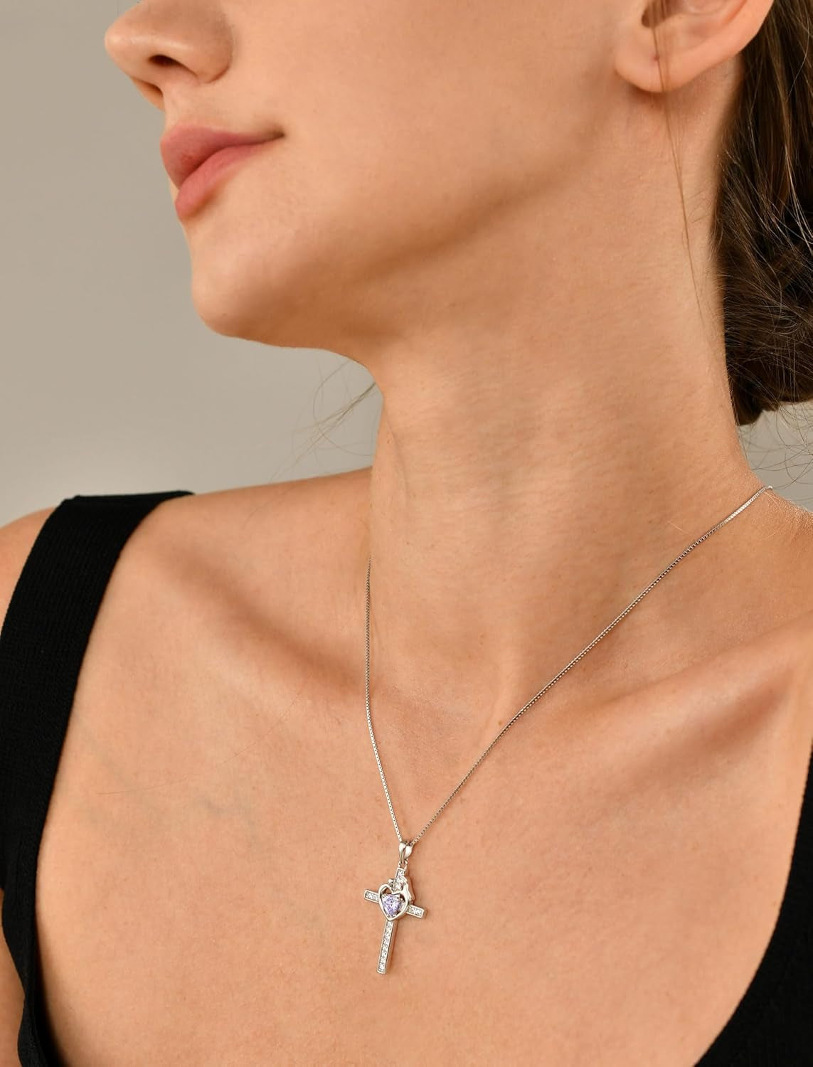 Mom Cross Necklace 925 Sterling Silver Mother Pendant Birthstone Mum Jewelry for Women