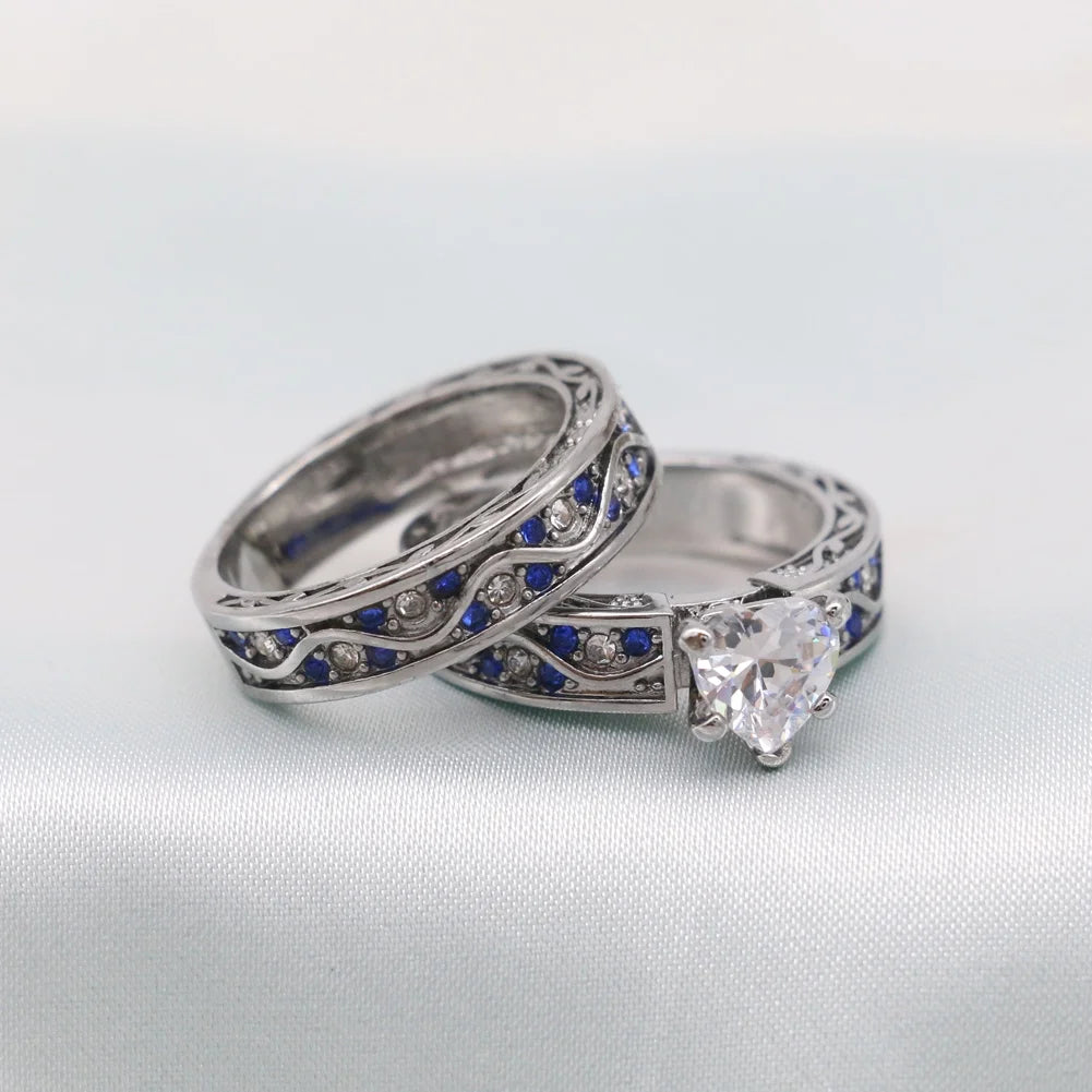 2 Matching Rings Set – White Gold Plated Heart-Shaped CZ Women’s Wedding Rings & Blue Plated Tungsten Men’s Band