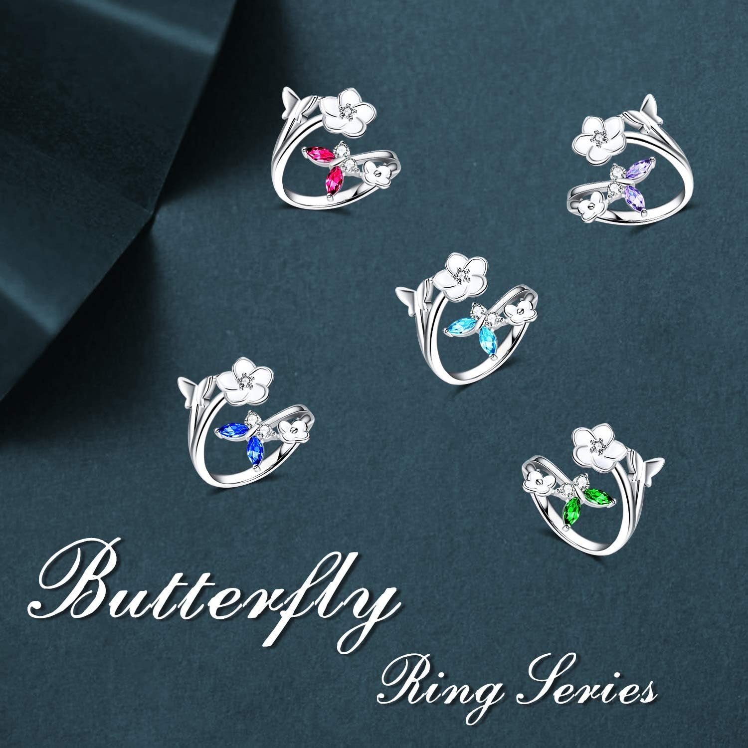 Sterling Silver Butterfly Ring with Cubic Zirconia Flower – Adjustable Band Jewelry for Women