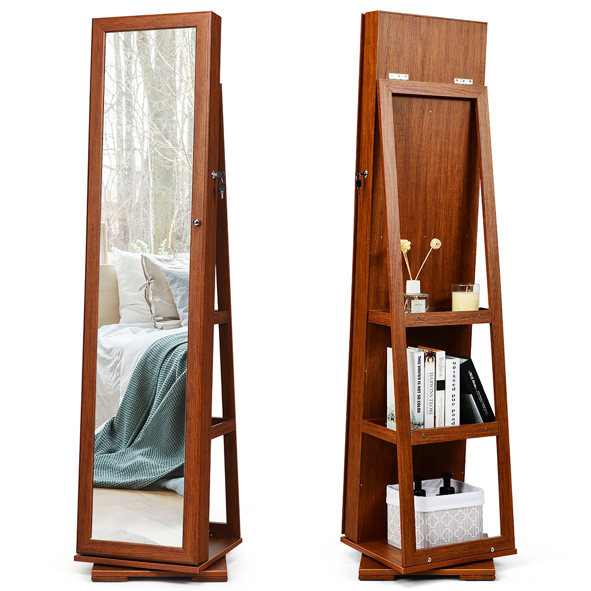 360Degree Rotatable Jewelry Cabinet 2-In-1 Lockable Mirrored Organizer Brown