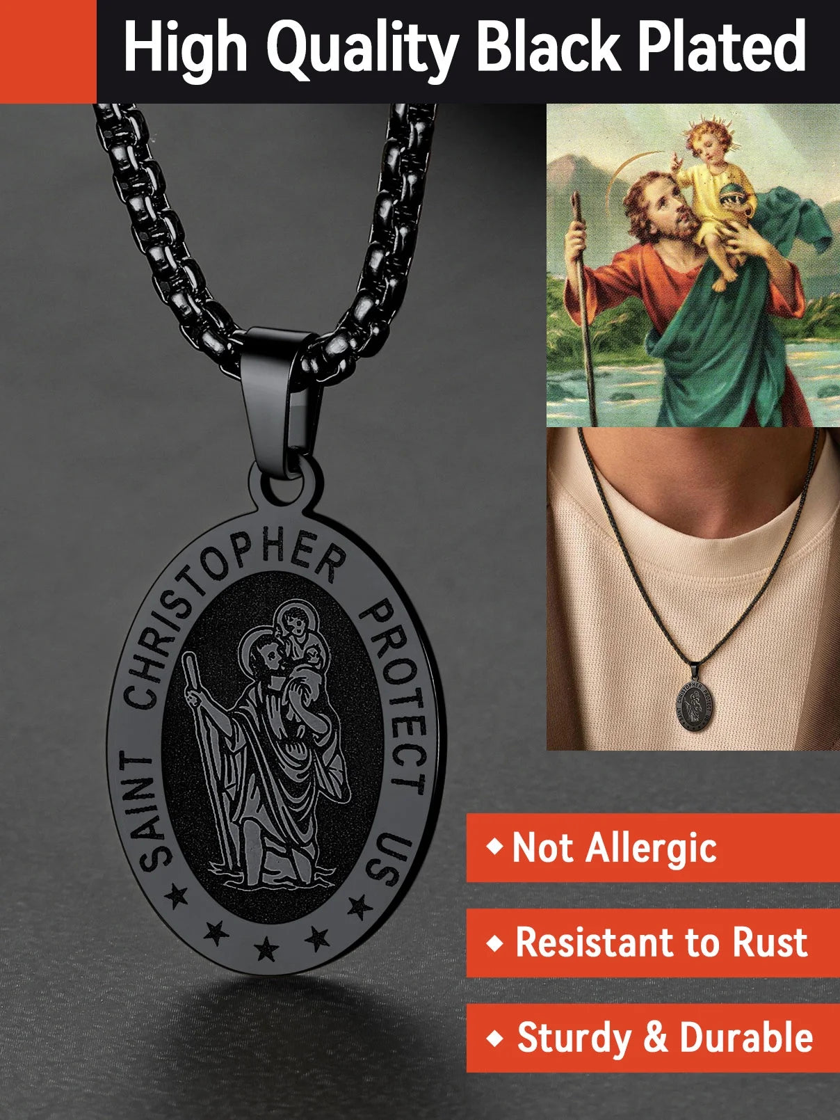 Saint/St. Christopher Pendant Necklace for Men Women Stainless Steel Catholic Christian Oval Medal Blessings Amulet Black Men Jewelry Gift for Dad Grandpa Fathers Day