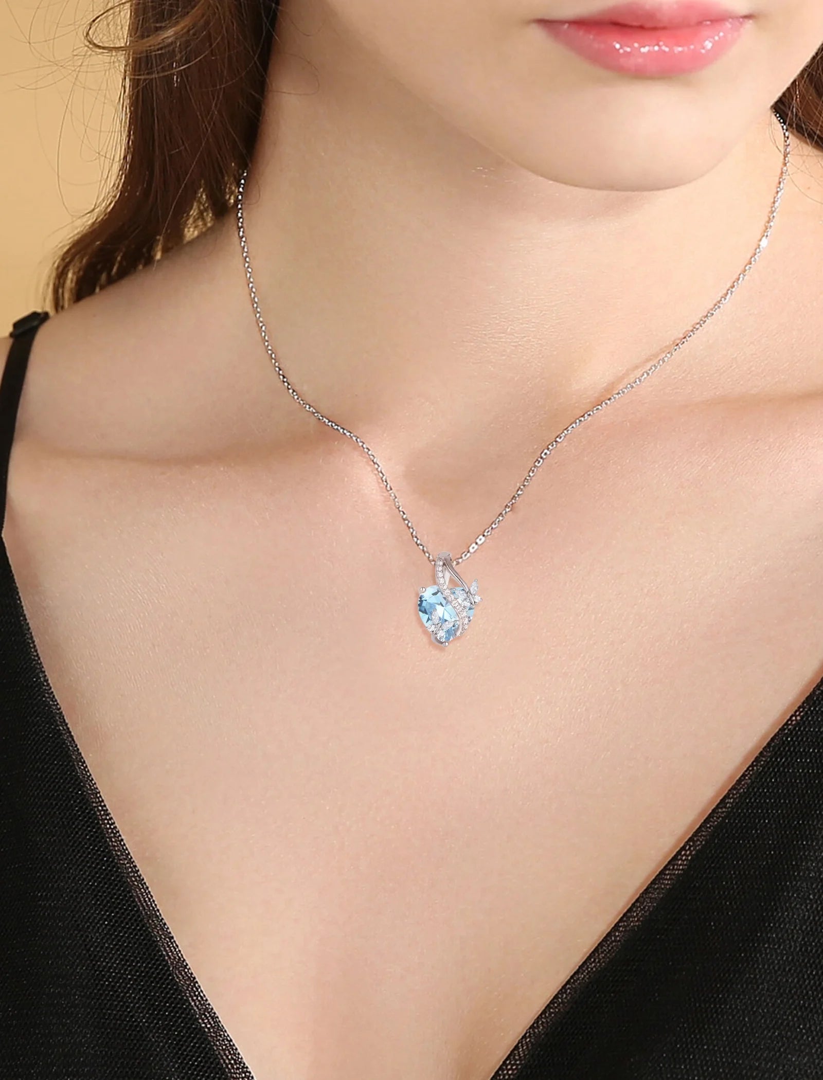 Infinite Heart Pendant Sterling Silver Butterfly Necklace – Women’s Birthstone Jewelry Gift with March Created Aquamarine