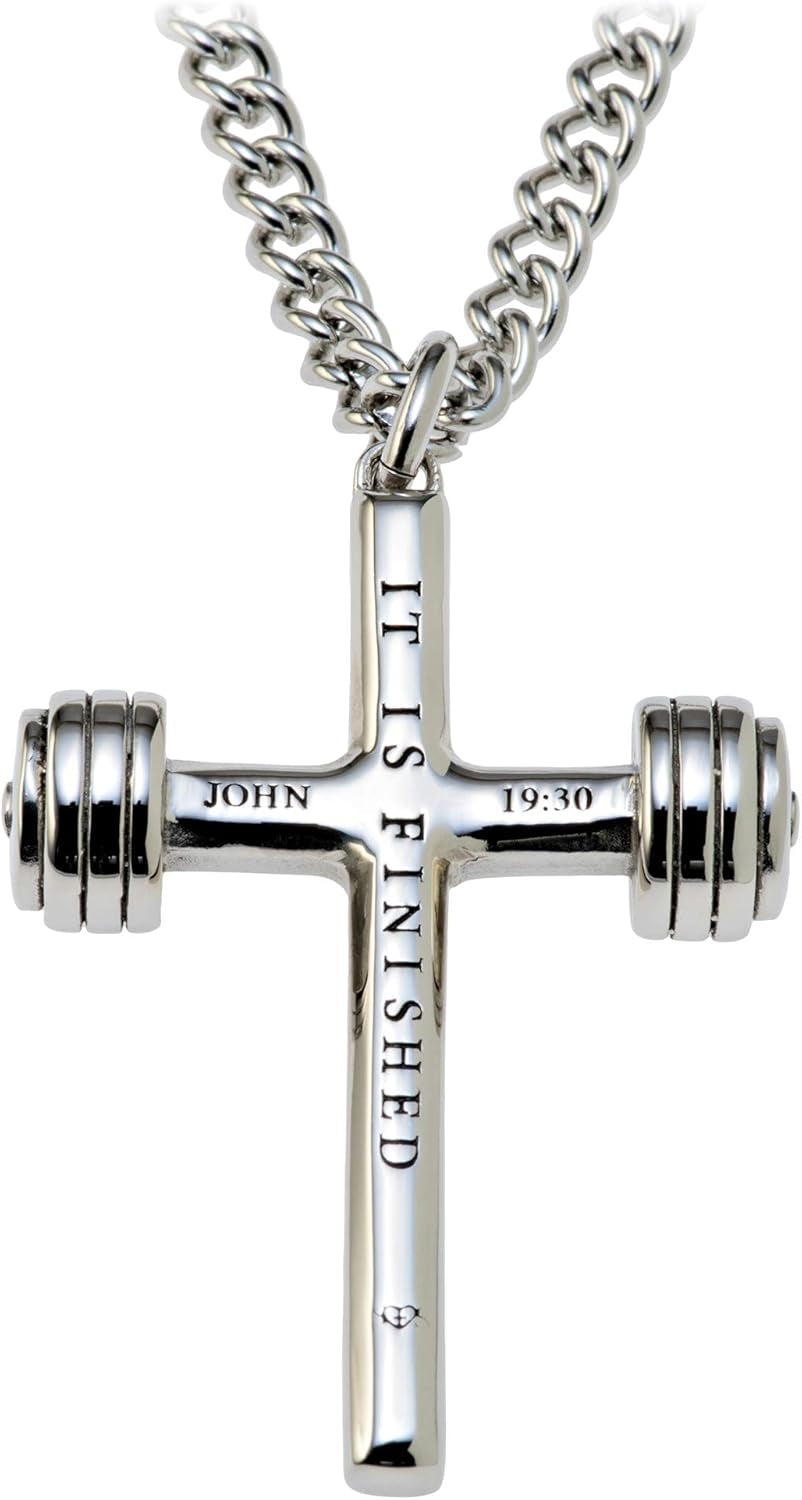 Men’s 14K Gold Plated & Stainless Steel Dumbbell Cross Pendant Necklace – Inscribed with John 19:30 | Faith & Fitness Christian Gift