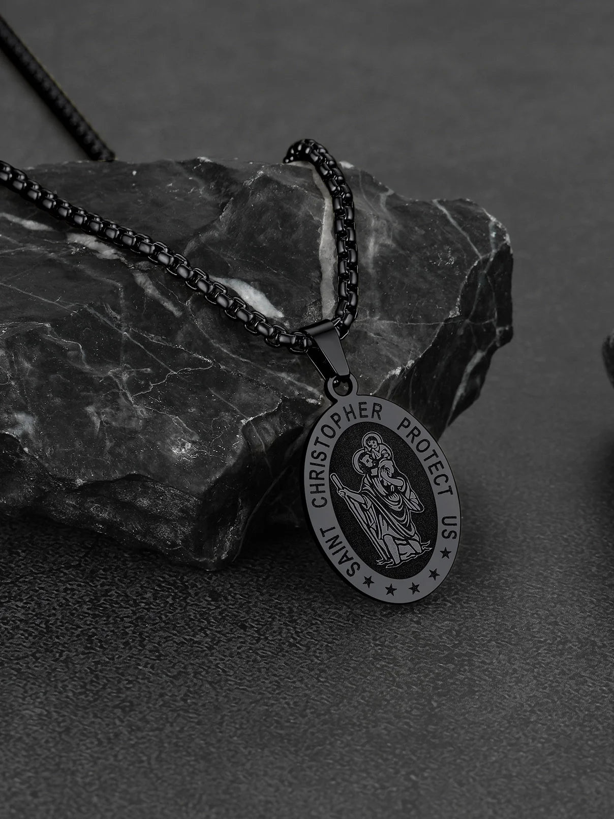 Saint/St. Christopher Pendant Necklace for Men Women Stainless Steel Catholic Christian Oval Medal Blessings Amulet Black Men Jewelry Gift for Dad Grandpa Fathers Day